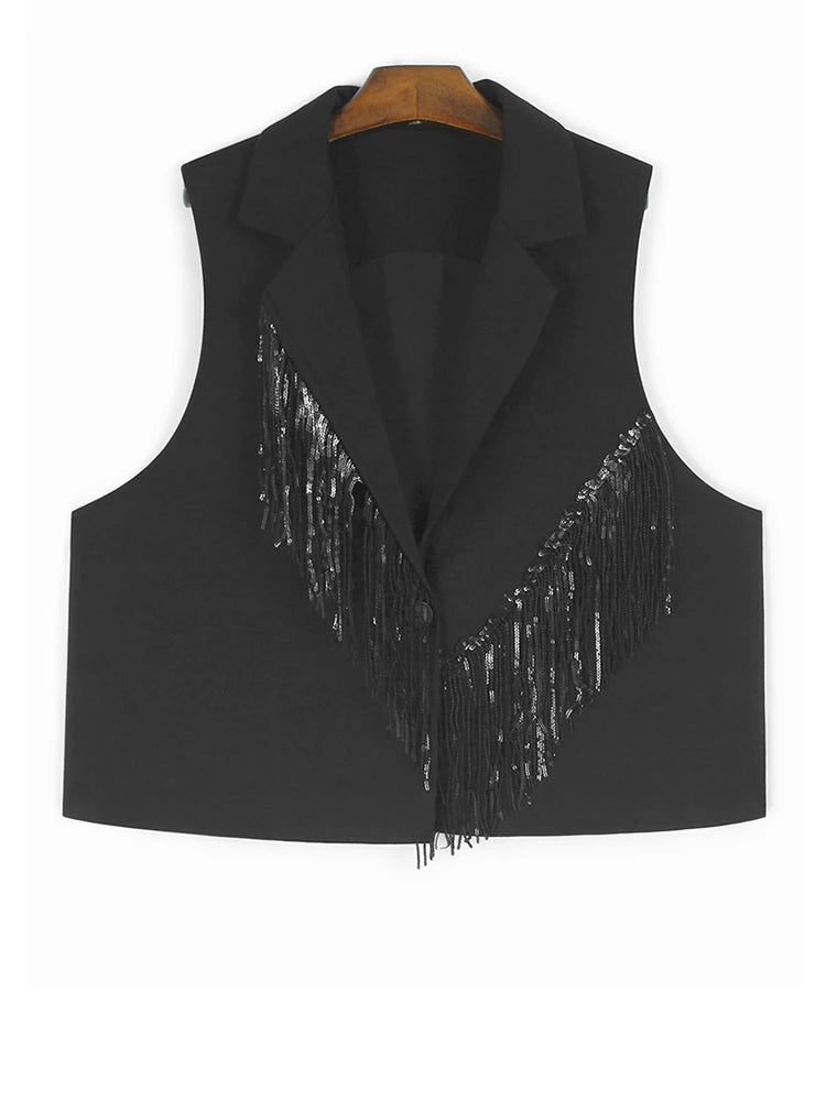 Black Sequin Vest & Skirt Two-Piece Set - Women's Fashion Sleeveless Lapel Outfit for Spring & Autumn 2025 | Perfect for Parties, Nightlife & Special Occasions