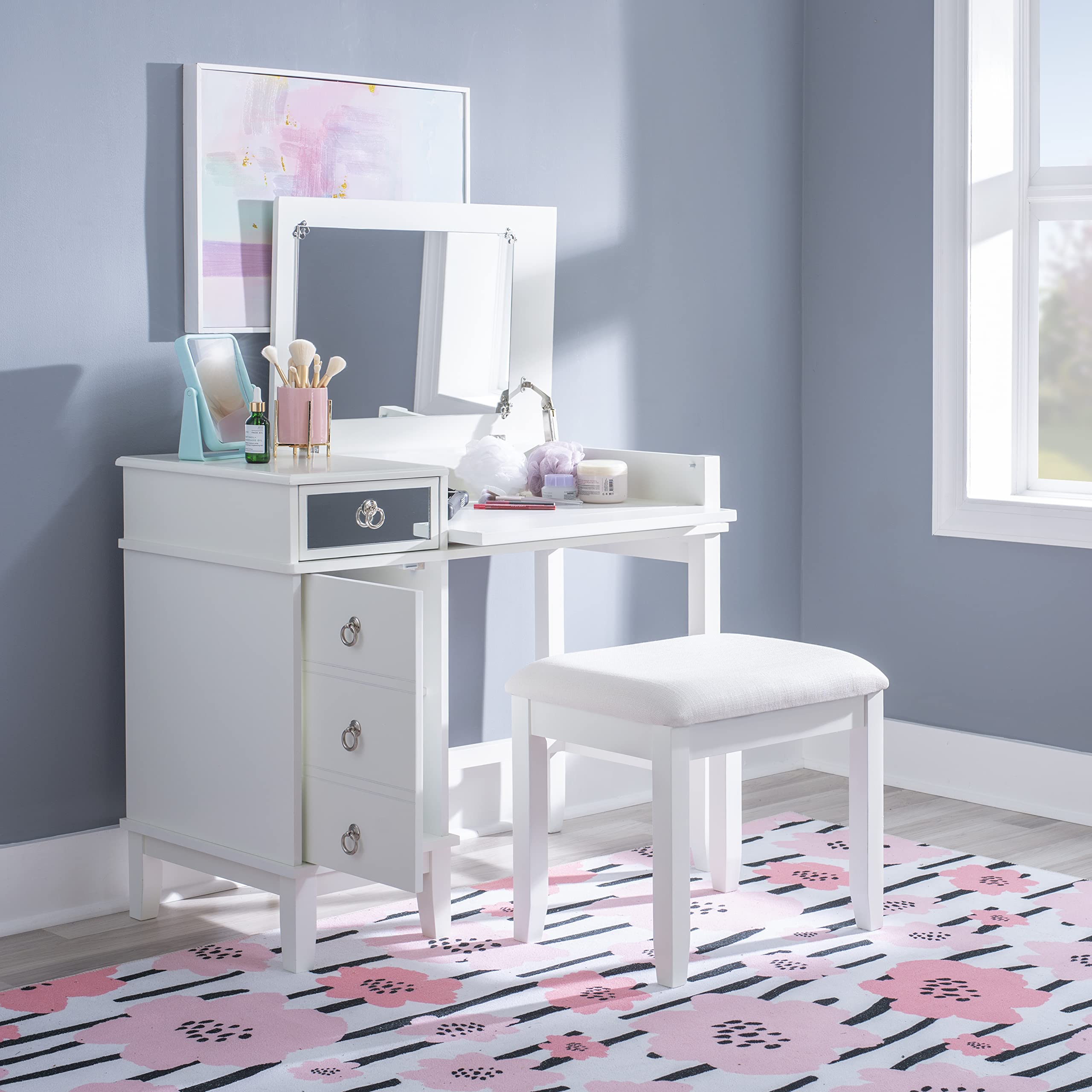 Linon White Vanity Set with Mirror & Stool - Elegant Dressing Table for Bedroom, Bathroom & Makeup Area