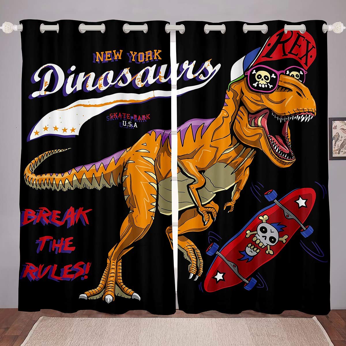 Dinosaur Curtains for Kids Room - 38x45 Inch Cartoon Animal Print Window Drapes for Bedroom, Living Room & Teen Boys Decor | Fun Wildlife Theme for Skateboard & Sports Lovers (Set of 2 Panels)