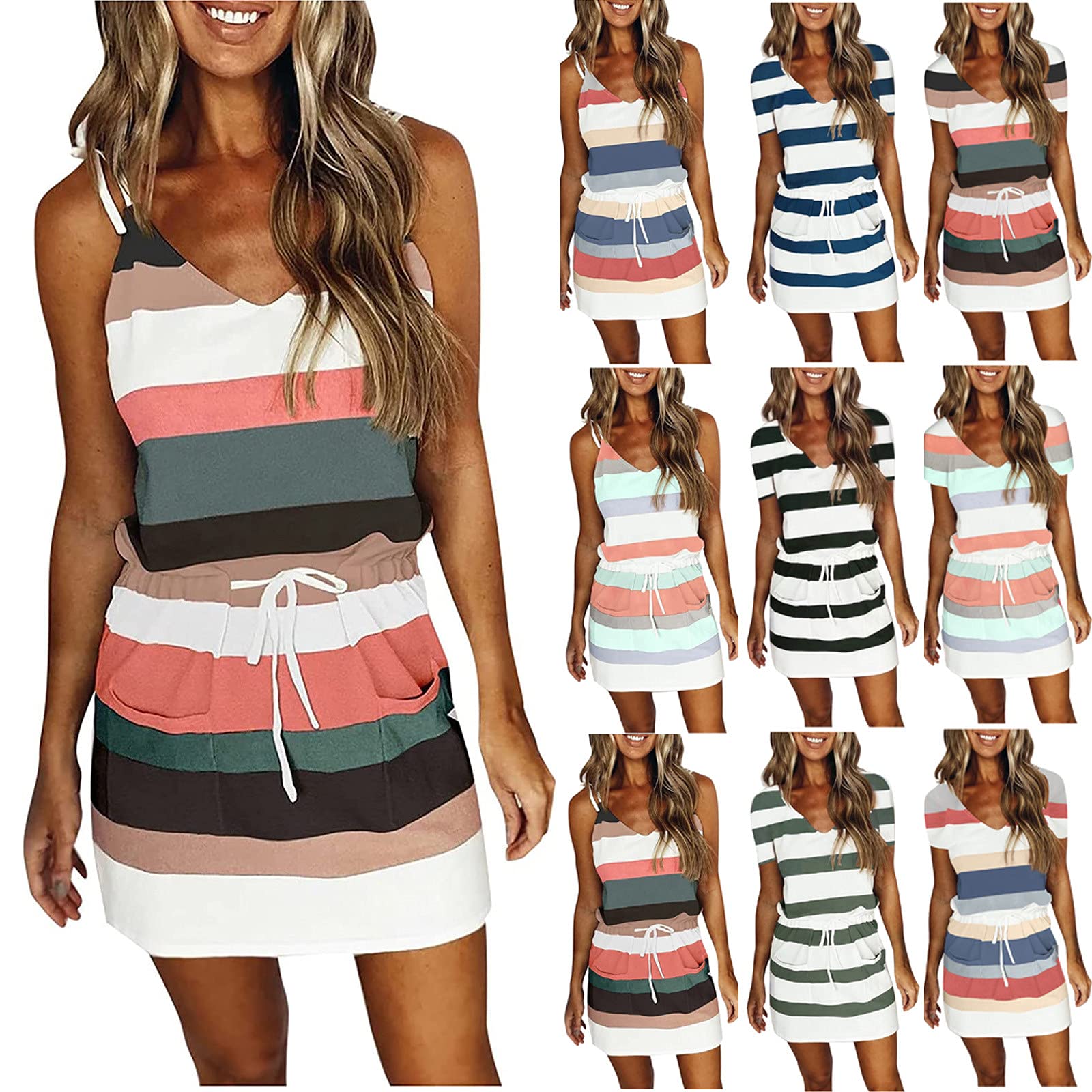 Women's Summer Casual Sleeveless Striped Spaghetti Strap Dress with V-Neck & Belt - Perfect for Beach Vacations, Date Nights & Summer Parties
