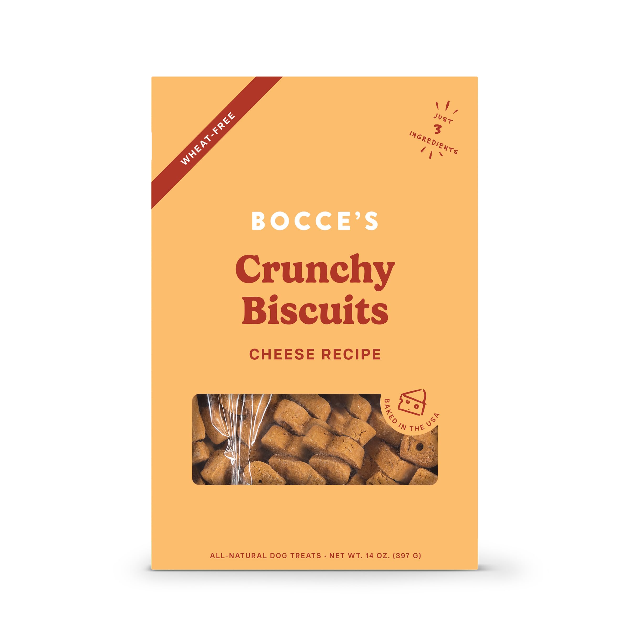 Bocce's Bakery Oven Baked Cheese Dog Treats - Wheat-Free, All-Natural Dog Biscuits Made with Real Ingredients in USA - 14oz - Perfect for Training, Rewards & Dental Health
