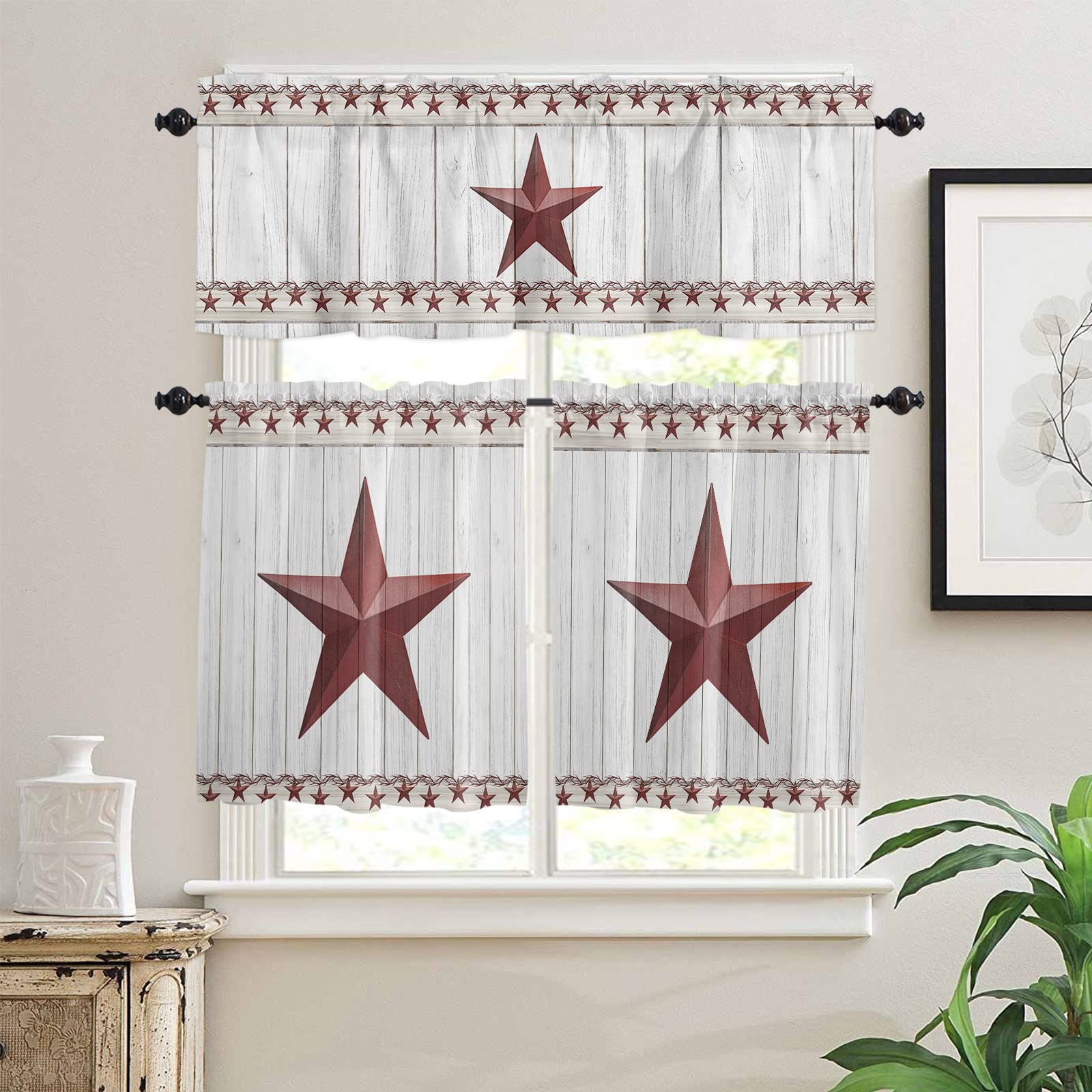Rustic Western Texas Star Barn Kitchen Curtains Set - 24 Inch Half Window Curtains with Brown Wooden Stripes, Rod Pocket Design for Bedroom, Cafe & Bathroom - Perfect for Farmhouse, Country Style Home Decor & Window Treatment