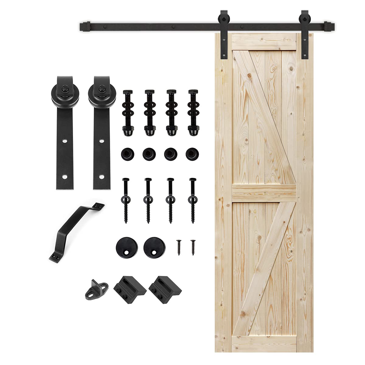 TOPHAND 28x80 Inch Unfinished British Brace Knotty Barn Door - Solid Wood Sliding Door with 5FT Hardware Kit, Double Surfaces, Easy Assembly (J-Shape Track) for Bedroom, Closet, or Farmhouse Style Home