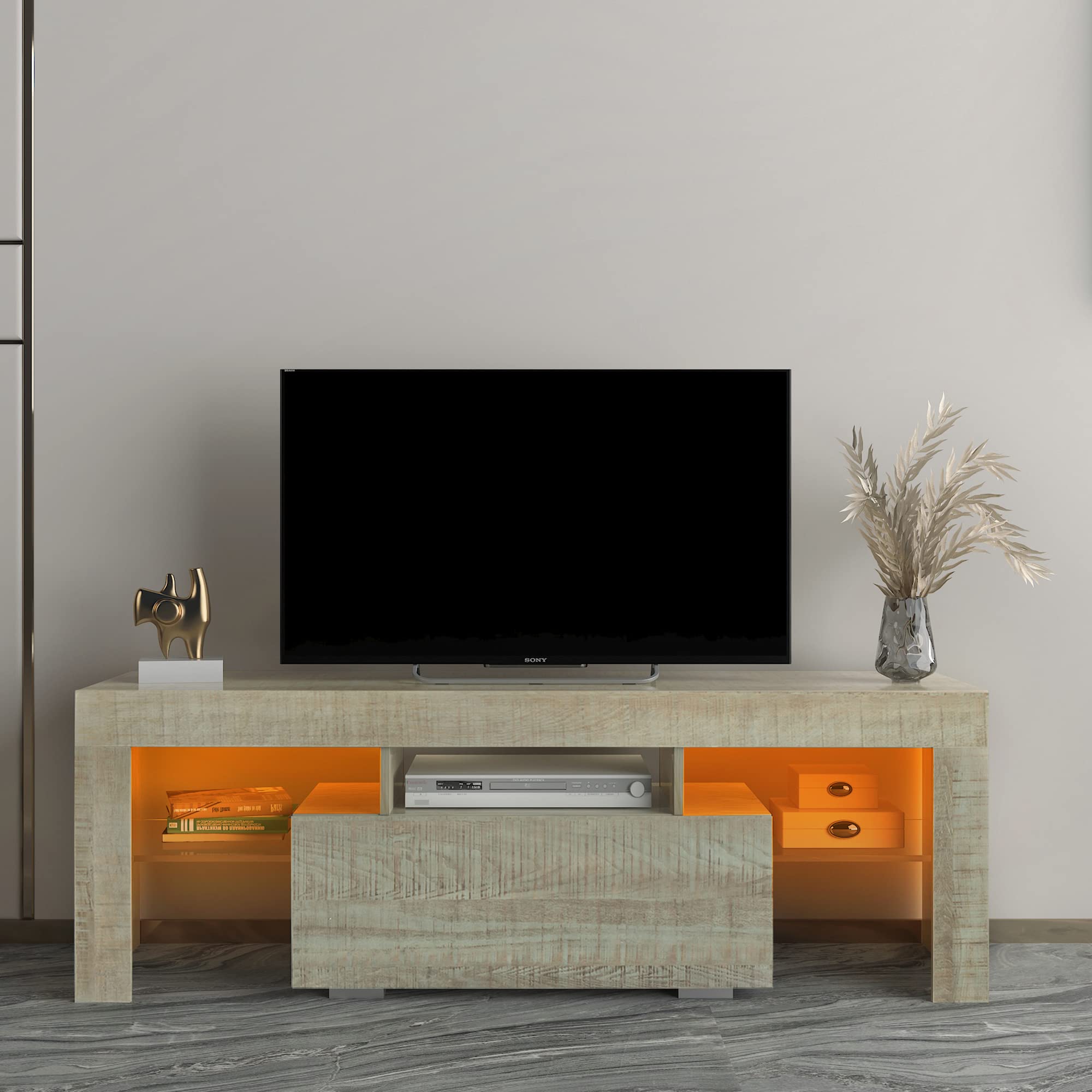 RGB LED TV Stand with Storage for Flat Screen TVs & Gaming Consoles - Modern Grey Oak Entertainment Center for Living Room, Bedroom & Lounge