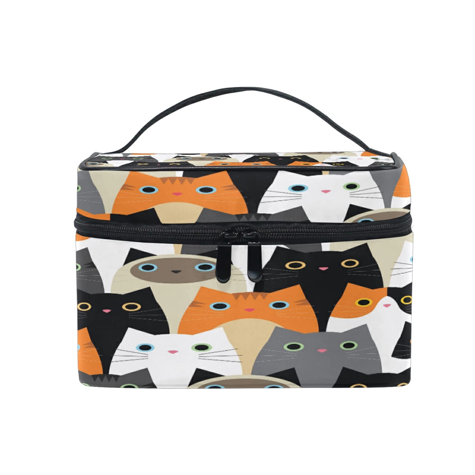 Cute Animal Cat Pattern Makeup Bag - Waterproof Cosmetic Organizer with Handle & Zipper Closure - Travel Toiletry Storage Pouch for Women & Girls - Perfect for Travel, Gym, and Daily Makeup Organization