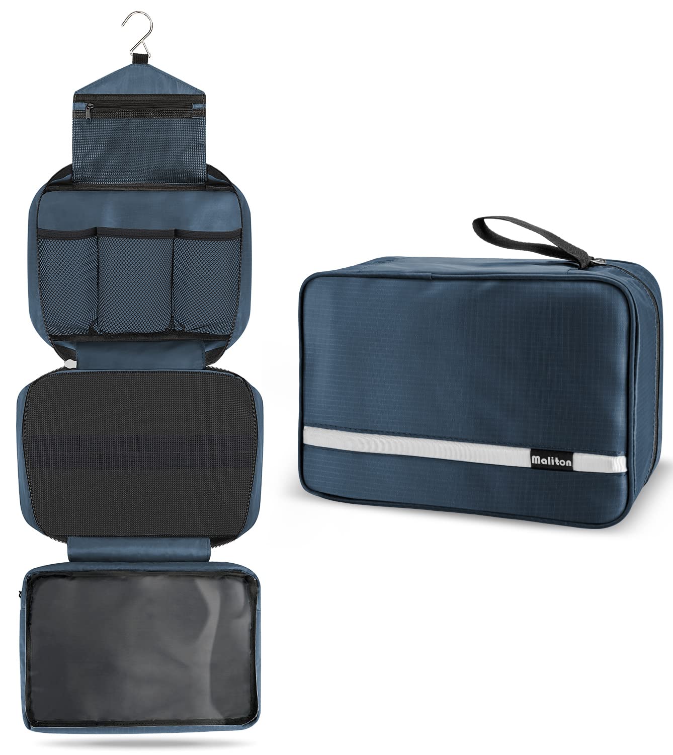 Maliton Hanging Toiletry Bag - Waterproof Foldable Makeup Organizer with 4 Compartments | Travel Cosmetic Bag for Business Trips, Vacations & Bathroom Storage (Navy Blue) | Perfect for Camping, Gym & College Dorm Essentials