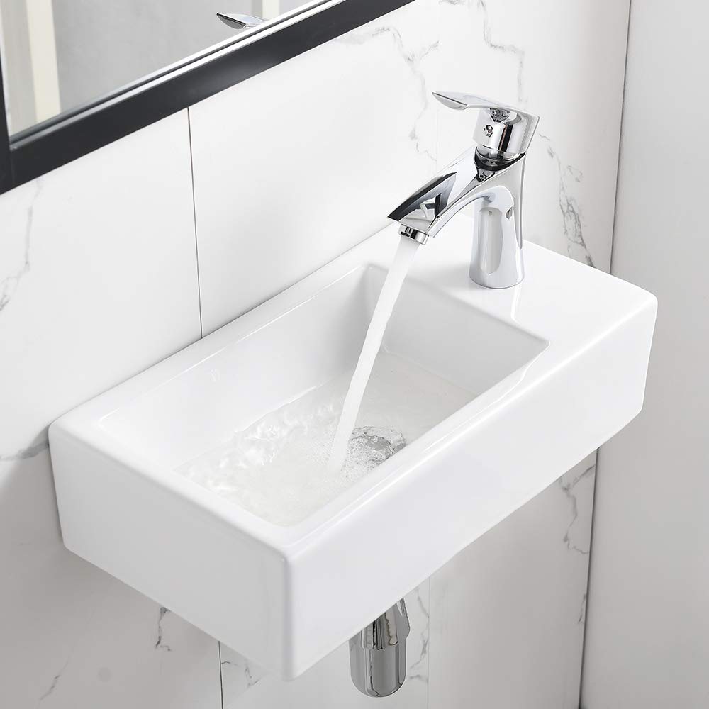 Bokaiya 18 Inch White Porcelain Corner Bathroom Sink with Faucet & Drain - Wall Mount Small Rectangle Ceramic Vanity Sink (Right Hand) - Perfect for Small Bathrooms, Powder Rooms & Space-Saving Designs