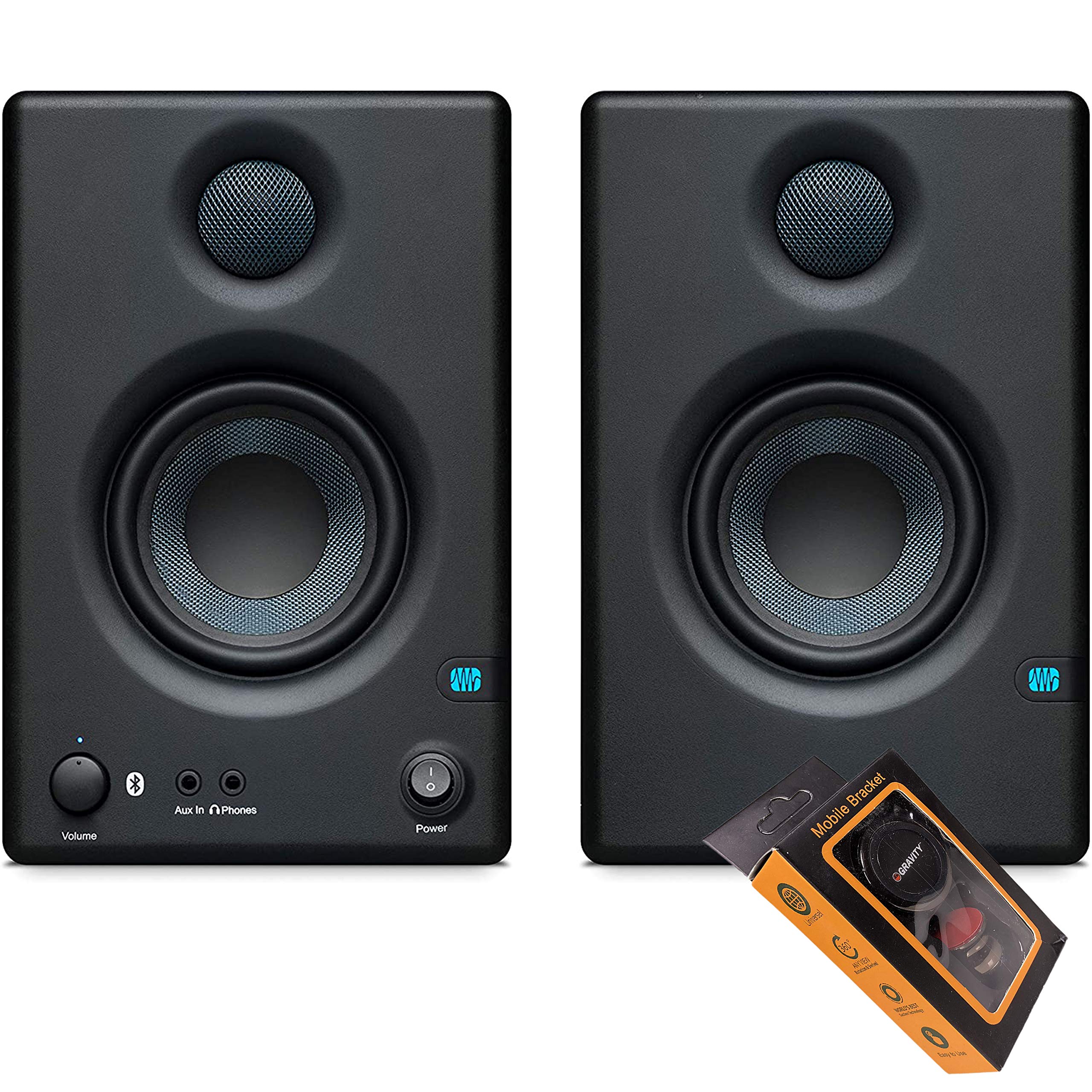 PreSonus Eris E3.5 BT 3.5-Inch Near Field Studio Monitors with Bluetooth 5.0 - 50W Class AB Amplified Speakers for Home Recording, Music Production & Podcasting - Includes Gravity Magnet Phone Holder for Mobile Devices