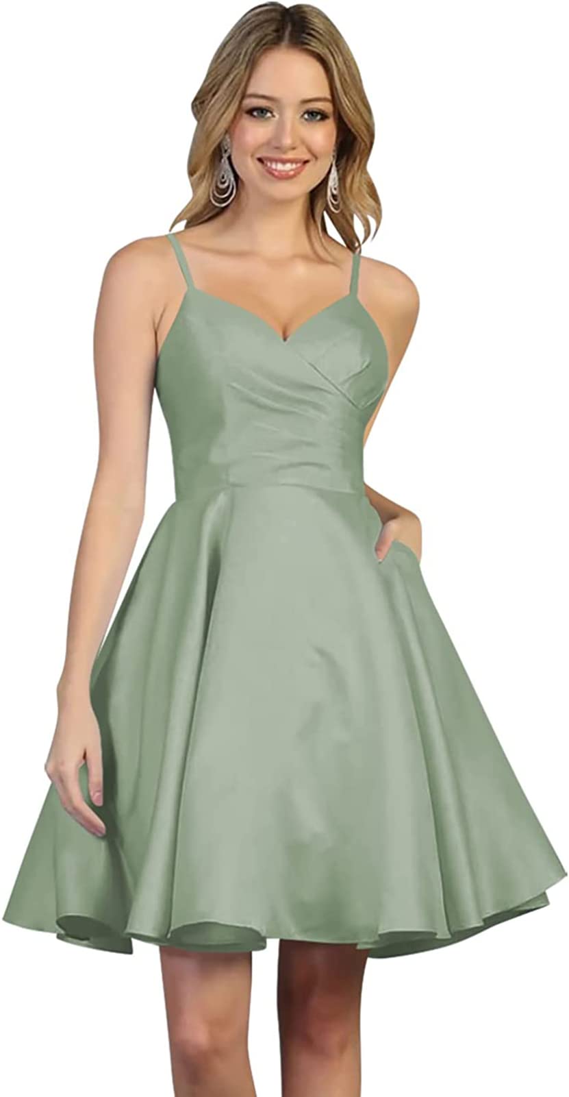 JVNKEIL Women's Short Homecoming Dresses with Pockets - Spaghetti Straps Satin V-Neck Cocktail Party Gowns for Teens | Perfect for Prom, Homecoming, Formal Events & Special Occasions