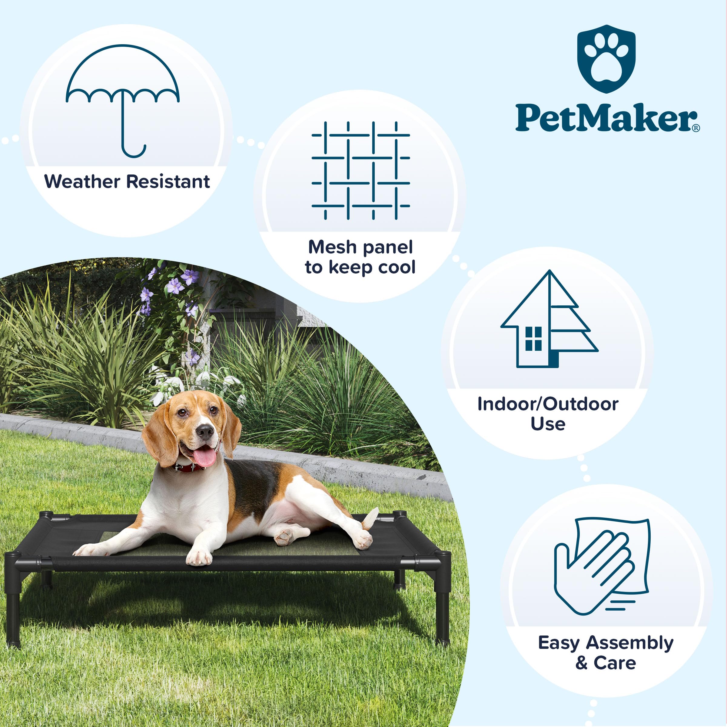 Premium Elevated Dog Bed - 30x24 Inch Portable Pet Cot with Non-Slip Feet - Indoor/Outdoor Cooling Dog Bed for Small to Medium Dogs up to 50lbs - Perfect for Camping, Travel & Home Use - PETMAKER (Black)