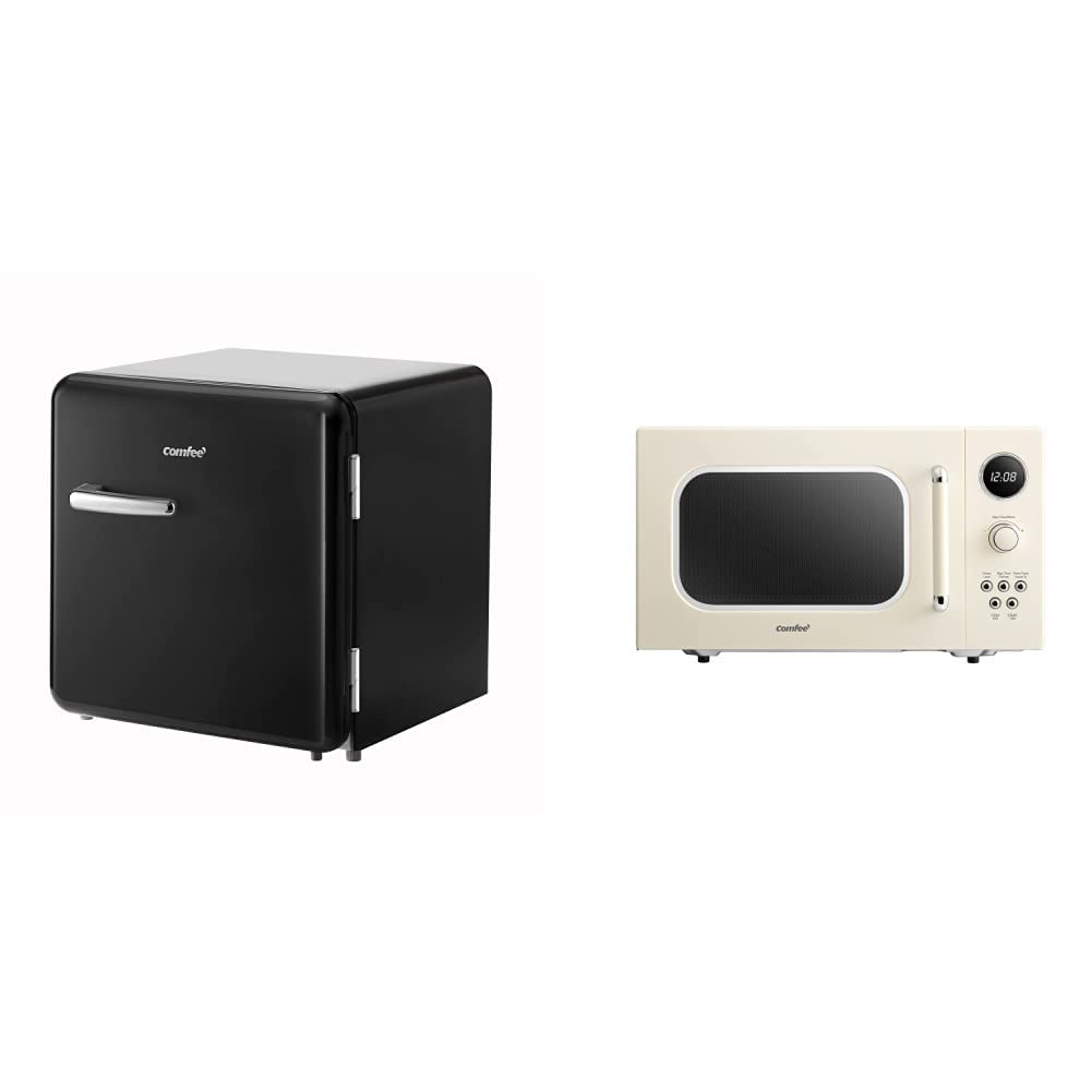 COMFEE 1.6 Cu Ft Retro Mini Fridge with Energy Saving, Adjustable Legs & Thermostat - Sleek Black HIPS Interior | Perfect for Dorms, Bedrooms & Small Apartments & COMFEE CM-M092AAT Vintage Microwave Oven in Apricot - Ideal for Kitchens, Offices & Compact Spaces