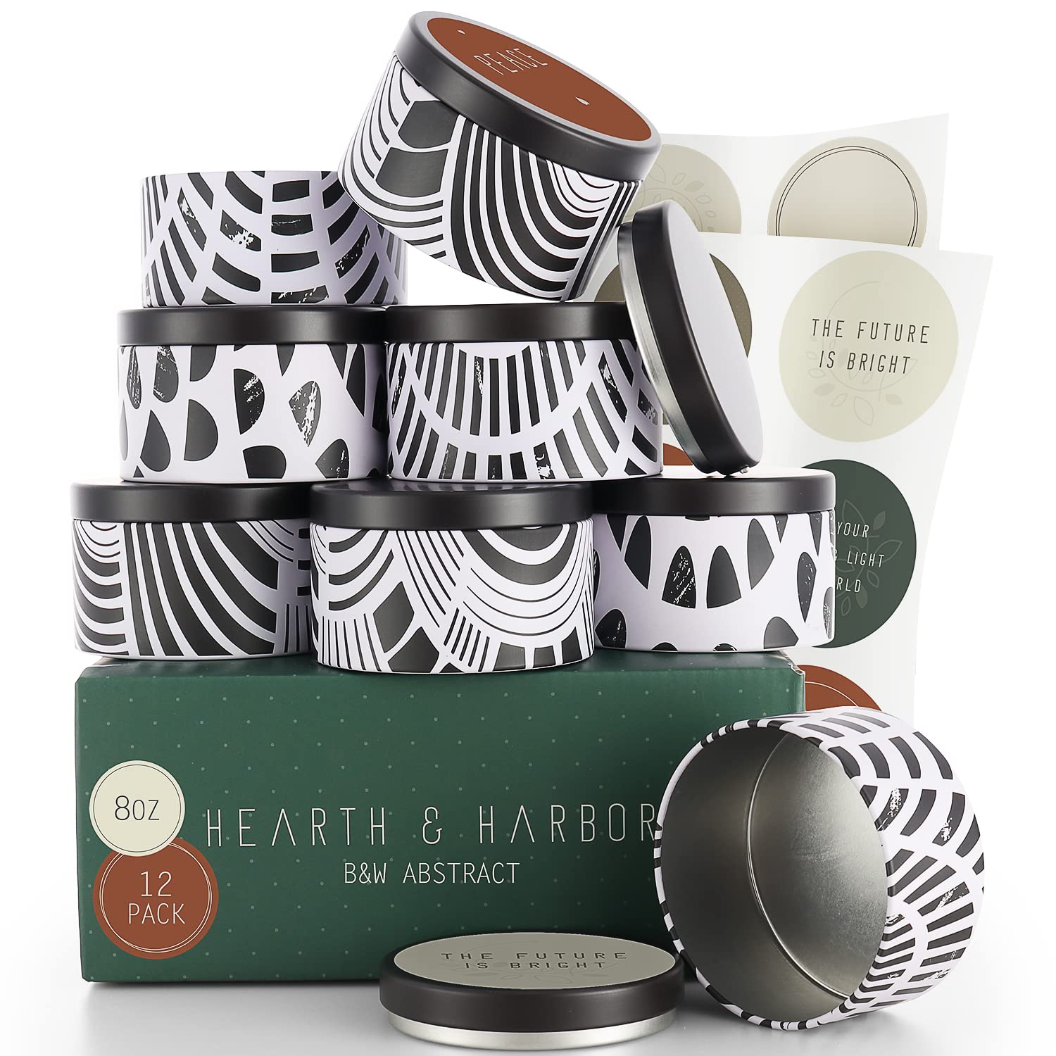 Hearth & Harbor 8oz DIY Candle Making Tins with Lids - 12 Pack Metal Candle Containers for Wax, Soap, Crafts - Bulk Storage Jars in Black & White Abstract Design - Perfect for Home Decor, Gifts, and Aromatherapy
