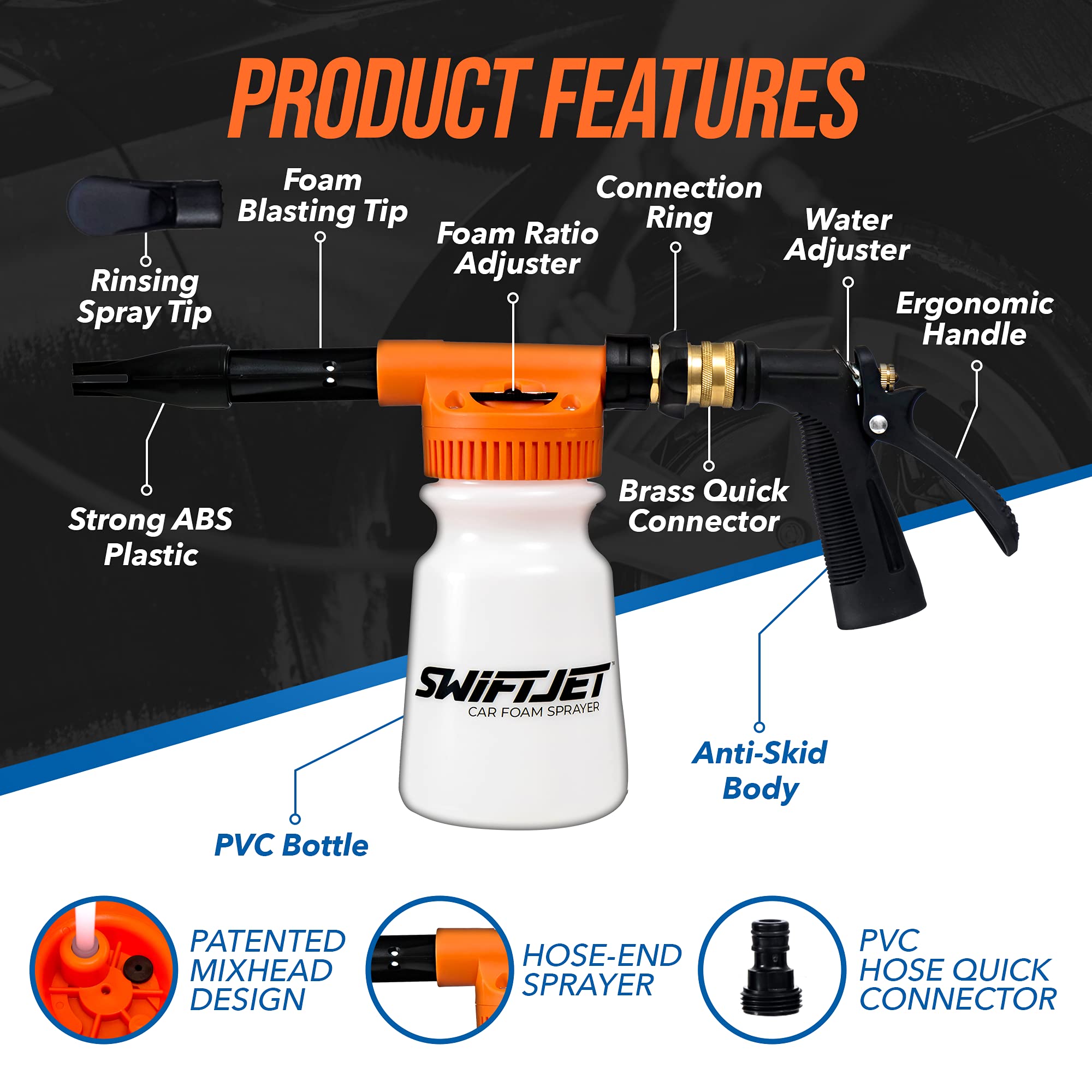 Premium SwiftJet Car Wash Foam Gun with Microfiber Mitt - High Pressure Foam Cannon Sprayer for Auto Detailing - Complete Car Wash Kit with Garden Hose Attachment - Best Car Accessories for Men & Auto Enthusiasts - Perfect for Home Car Washing, RV Cleaning & Driveway Detailing (Orange Foam Blaster with Wash Mitt)