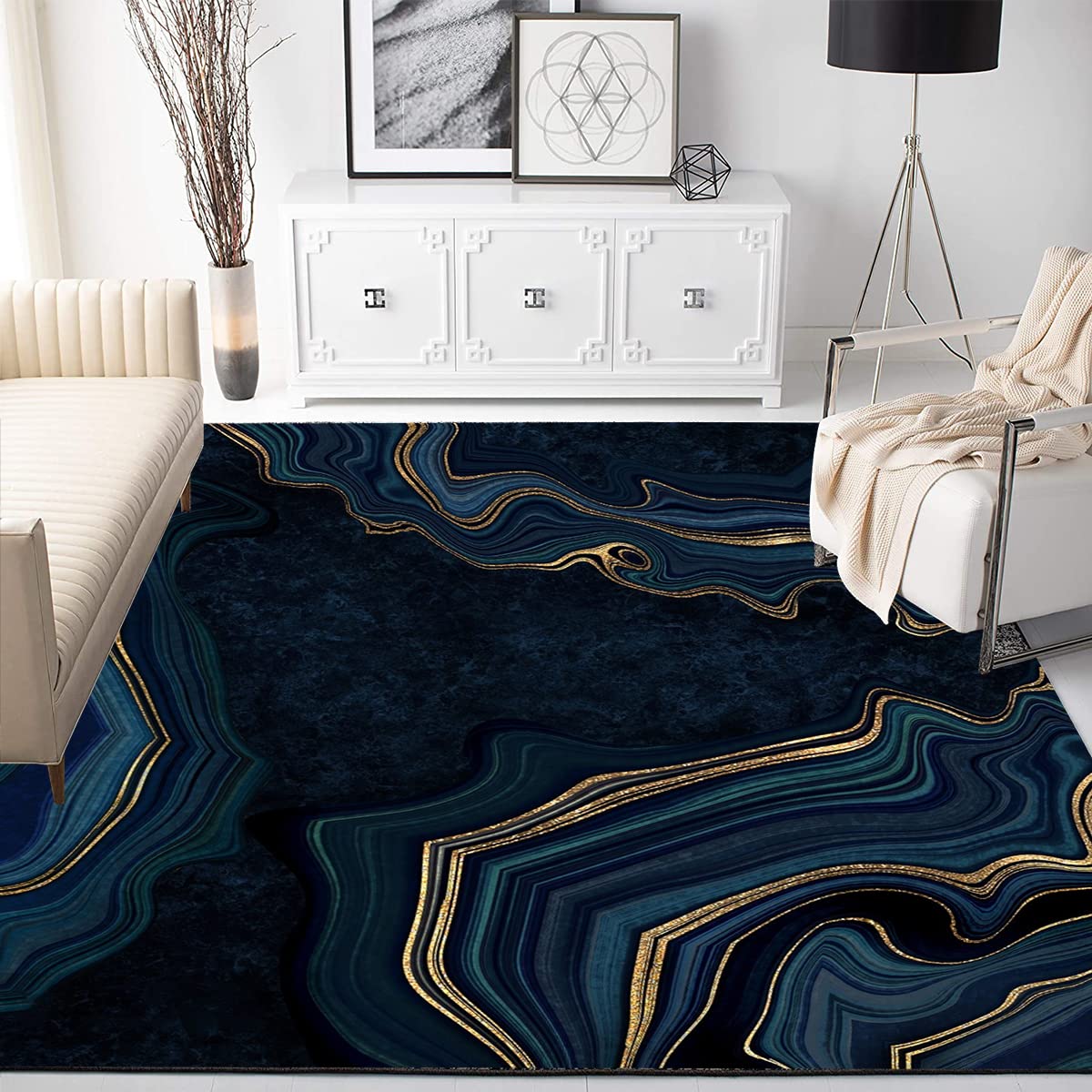 5x7 Modern Abstract Navy Gold Area Rug - Retro Marble Striped Washable Soft Luxury Carpet for Living Room, Bedroom, Dining Table, Home Office & Kitchen | Farmhouse Chic Indoor Floor Rug for Cozy Home Decor