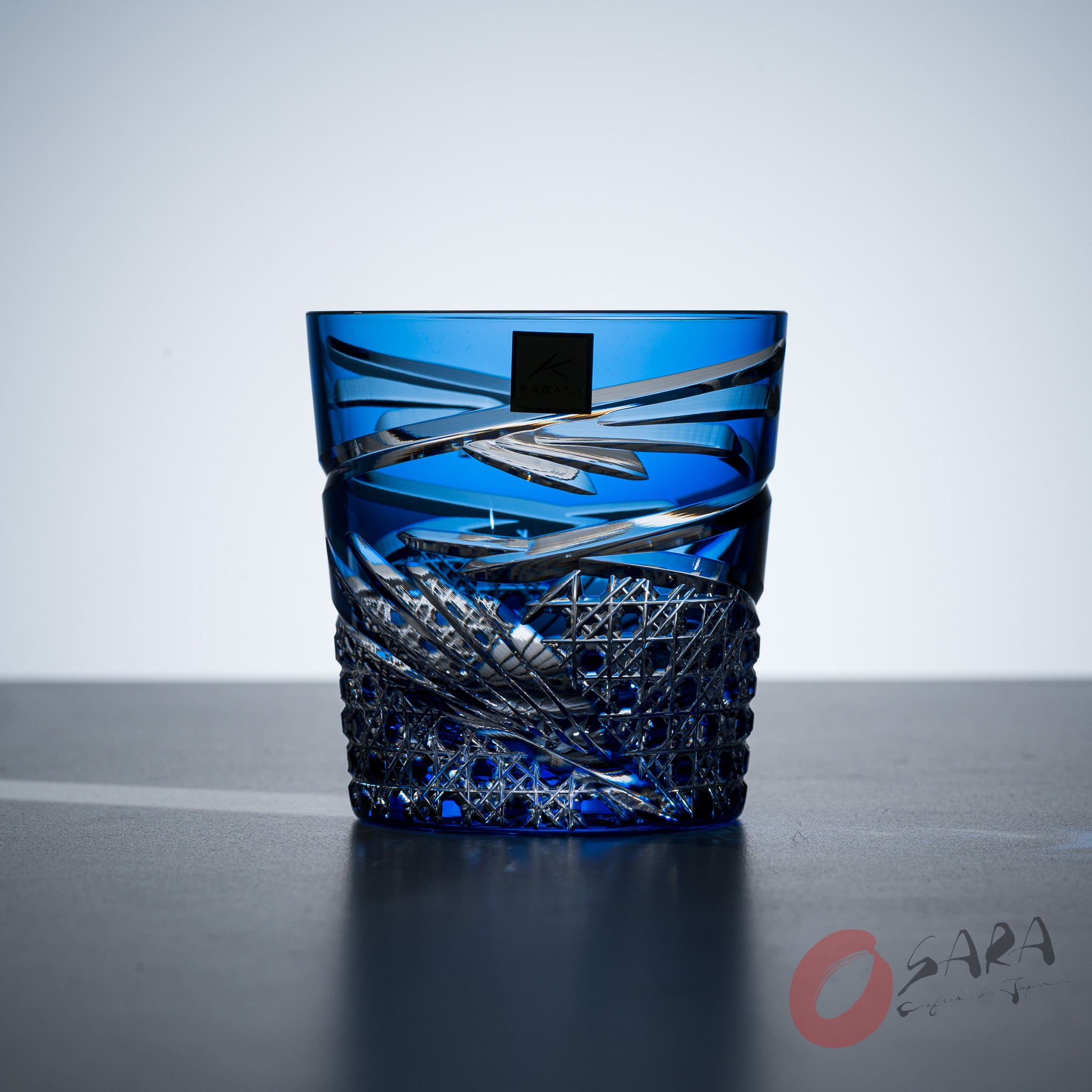 KAGAMI Crystal Edo Kiriko Rock Glass - Dance Blue - Handcrafted Japanese Cut Glass Whiskey Tumbler - Perfect for Cocktails, Whiskey & Home Bar Decor
