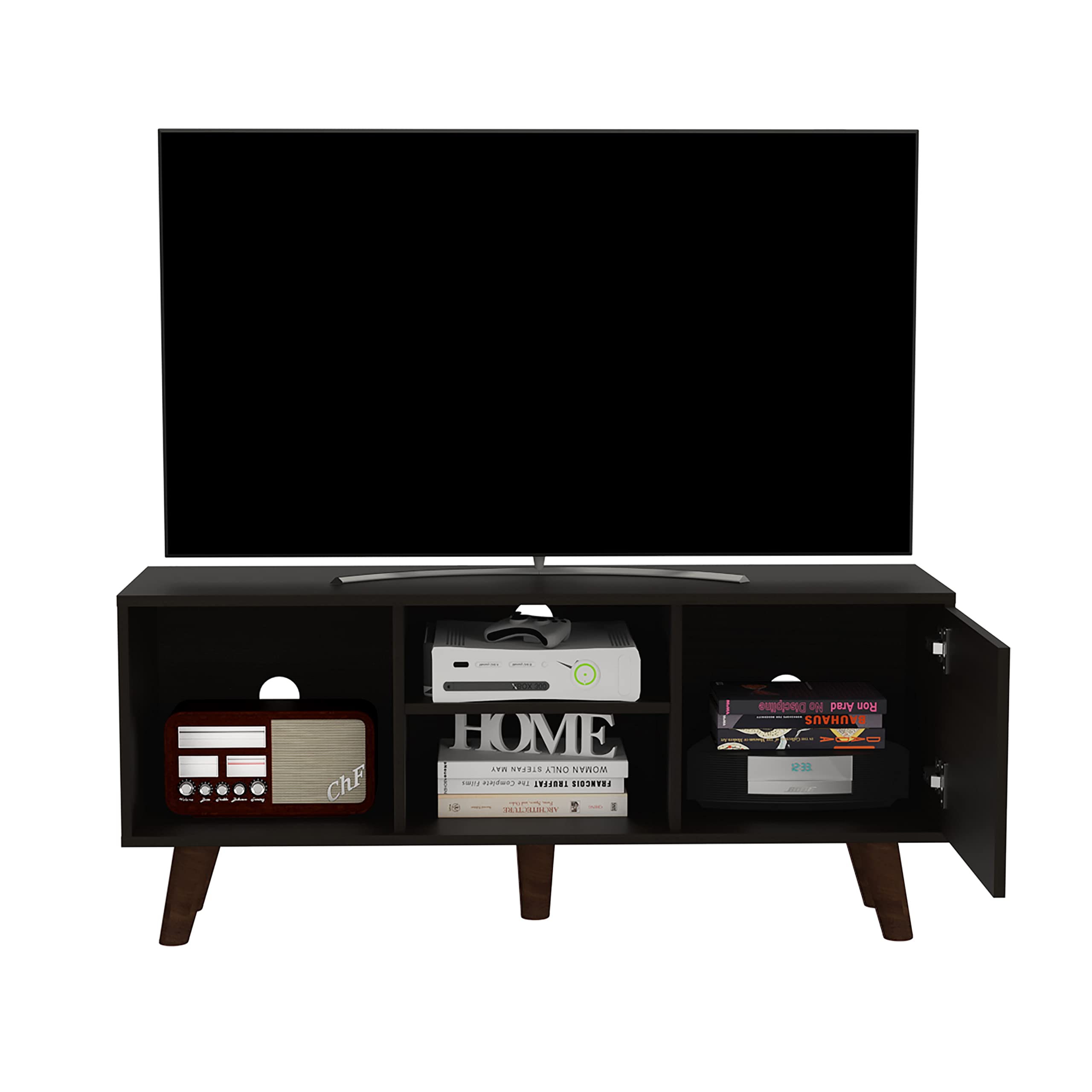 Tuhome 57 Inch TV Stand with 3 Shelves and Single Door Cabinet - Black for Living Room, Bedroom, or Home Theater Setup