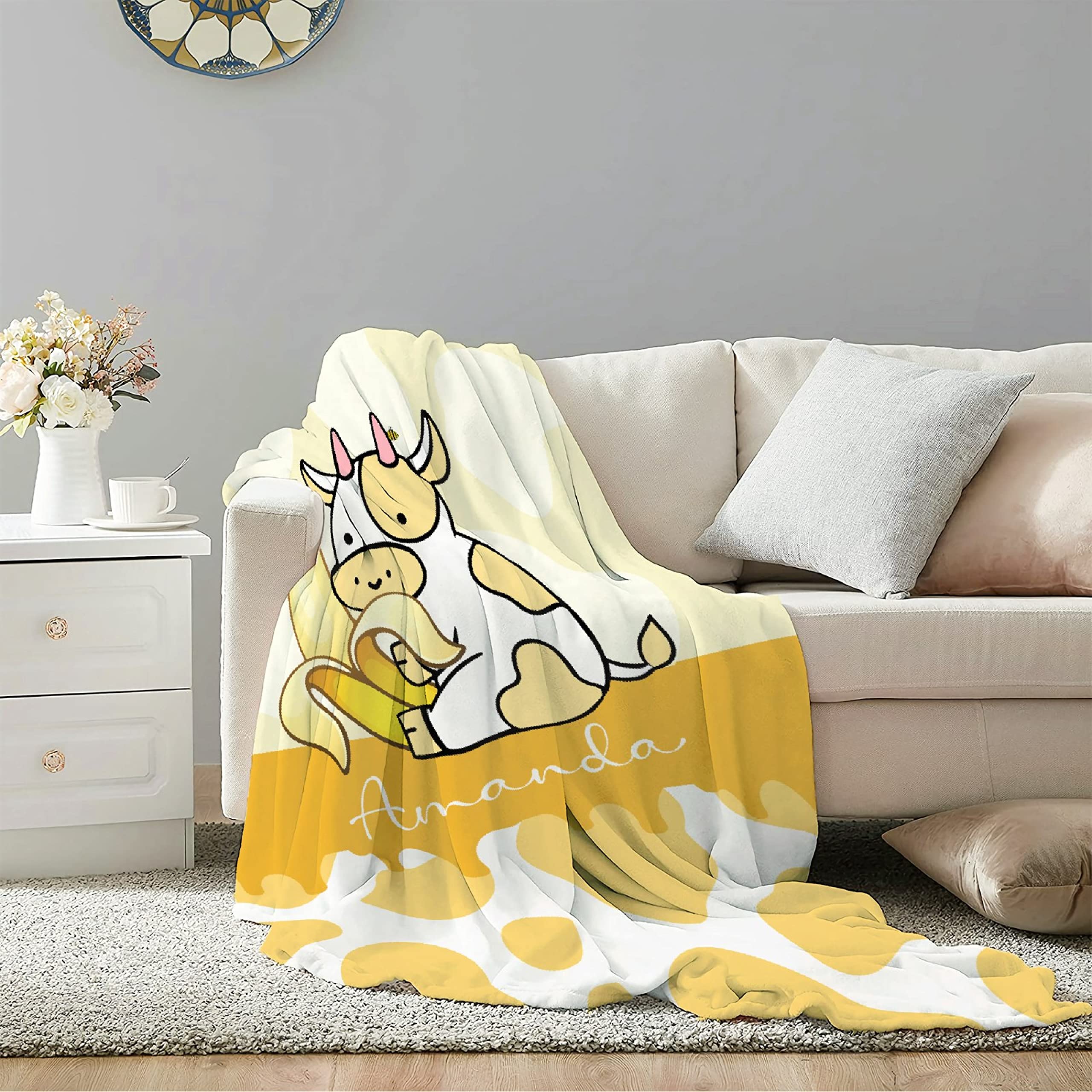 Personalized Baby Blanket with Name - Custom Banana Cow Fleece Throw Blanket for Girls, Boys, Kids | Extra Large 120