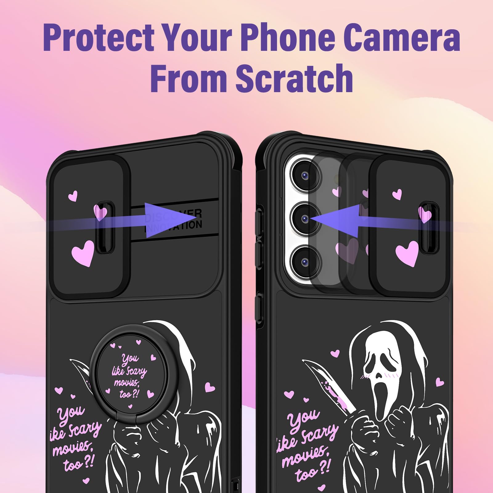 Cute Cartoon Samsung Galaxy S23 Case for Women - Shockproof Protective Phone Cover with Camera Cover & Ring Stand | Girly Heart Skull Design | Perfect for Daily Use, Work & Travel