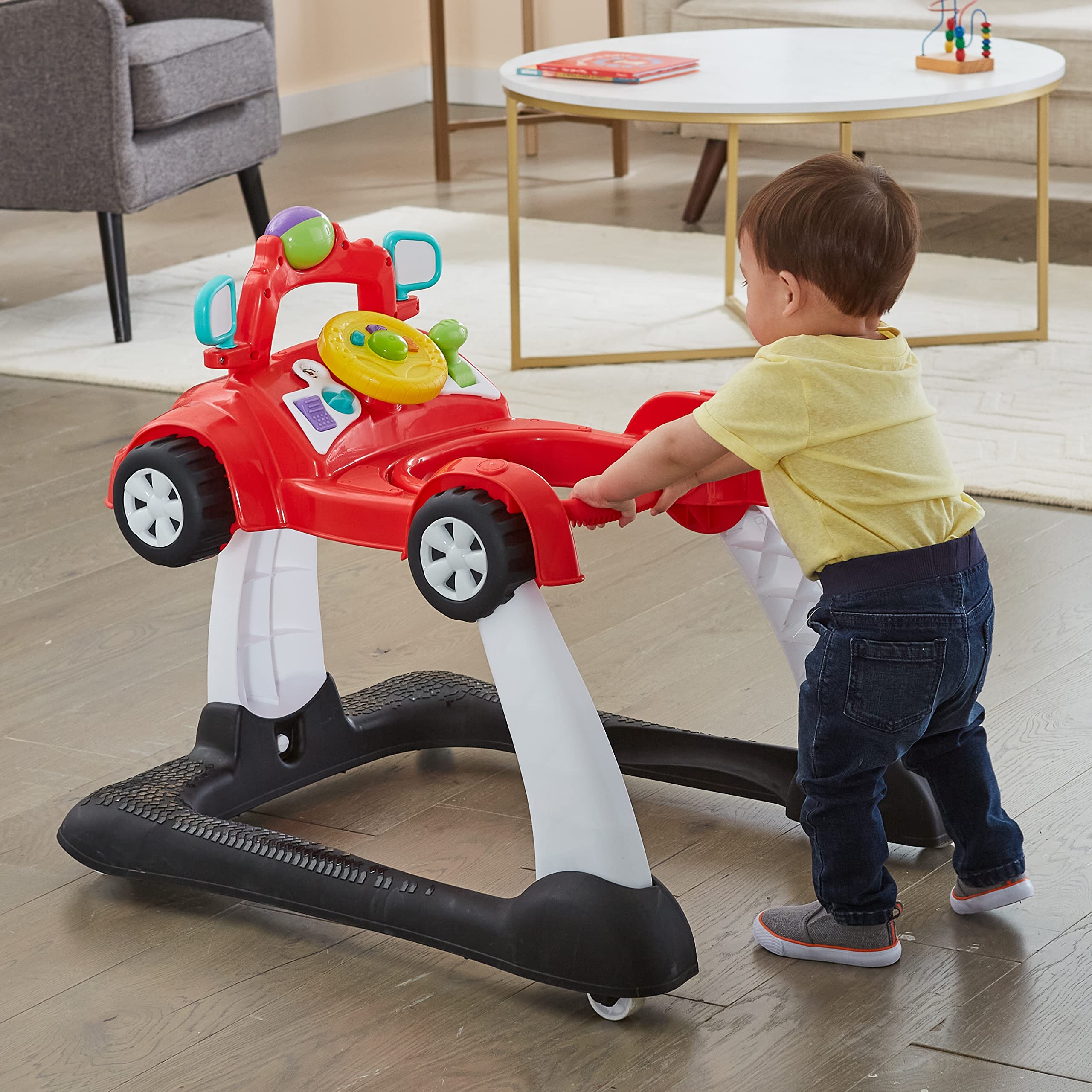 Kolcraft 4x4 2-in-1 Baby Activity Push Walker with Steering Wheel, Lights & Sounds - Interactive Learning Toy for Infants 6-18 Months (Racer Red) | Perfect for Early Walking Development & Indoor Playtime