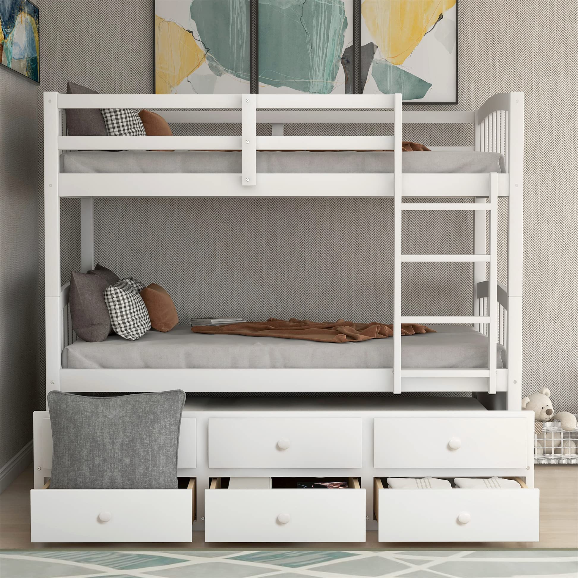 Twin Bunk Bed with Trundle & Storage - Convertible to 2 Beds - Kids Bedroom Furniture (White)