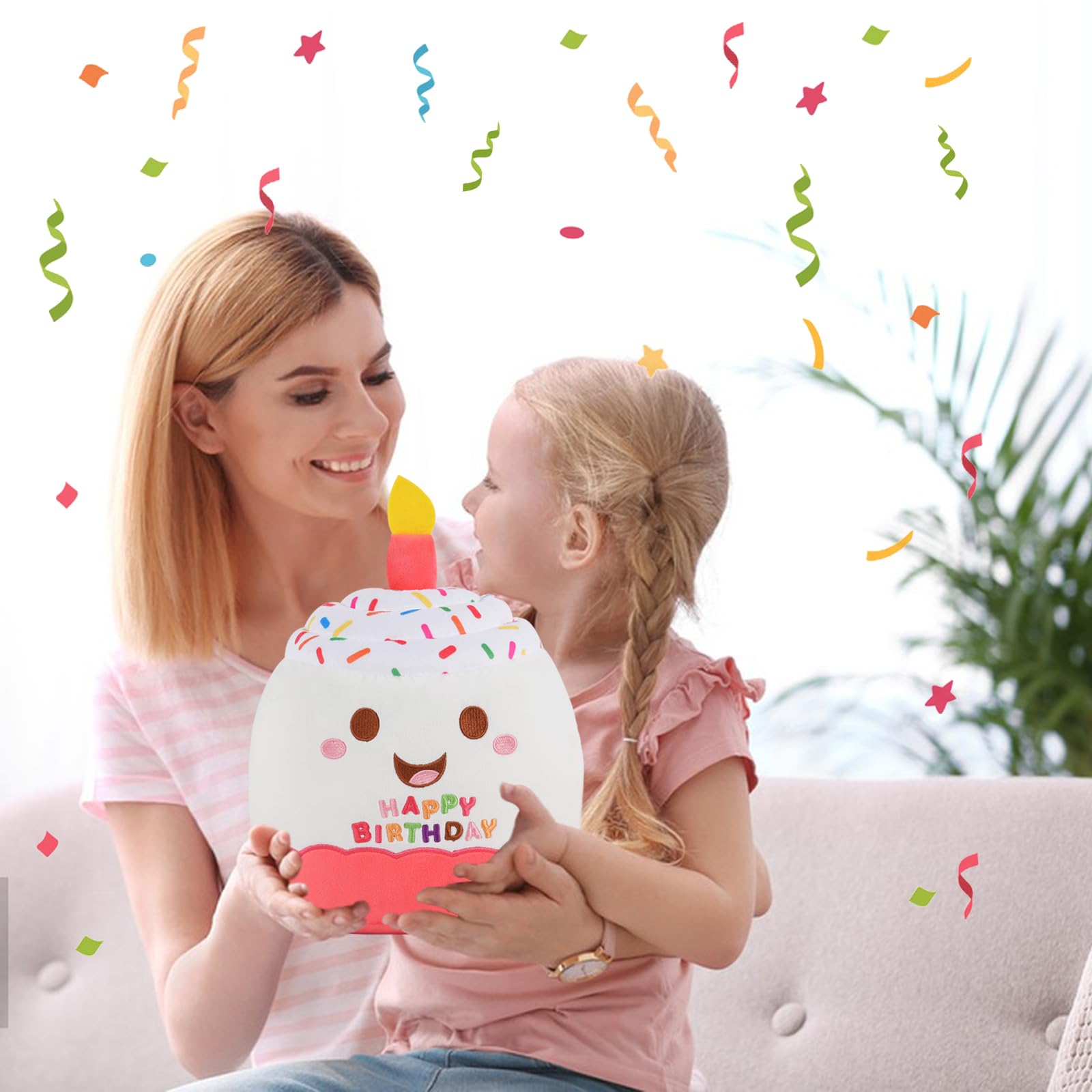 12 Inch White Birthday Cake Plush Toy - Cute Soft Stuffed Animal for Kids, Birthday Party Decorations & Gifts (Perfect for Baby Showers, Gender Reveals & 1st Birthday Celebrations)