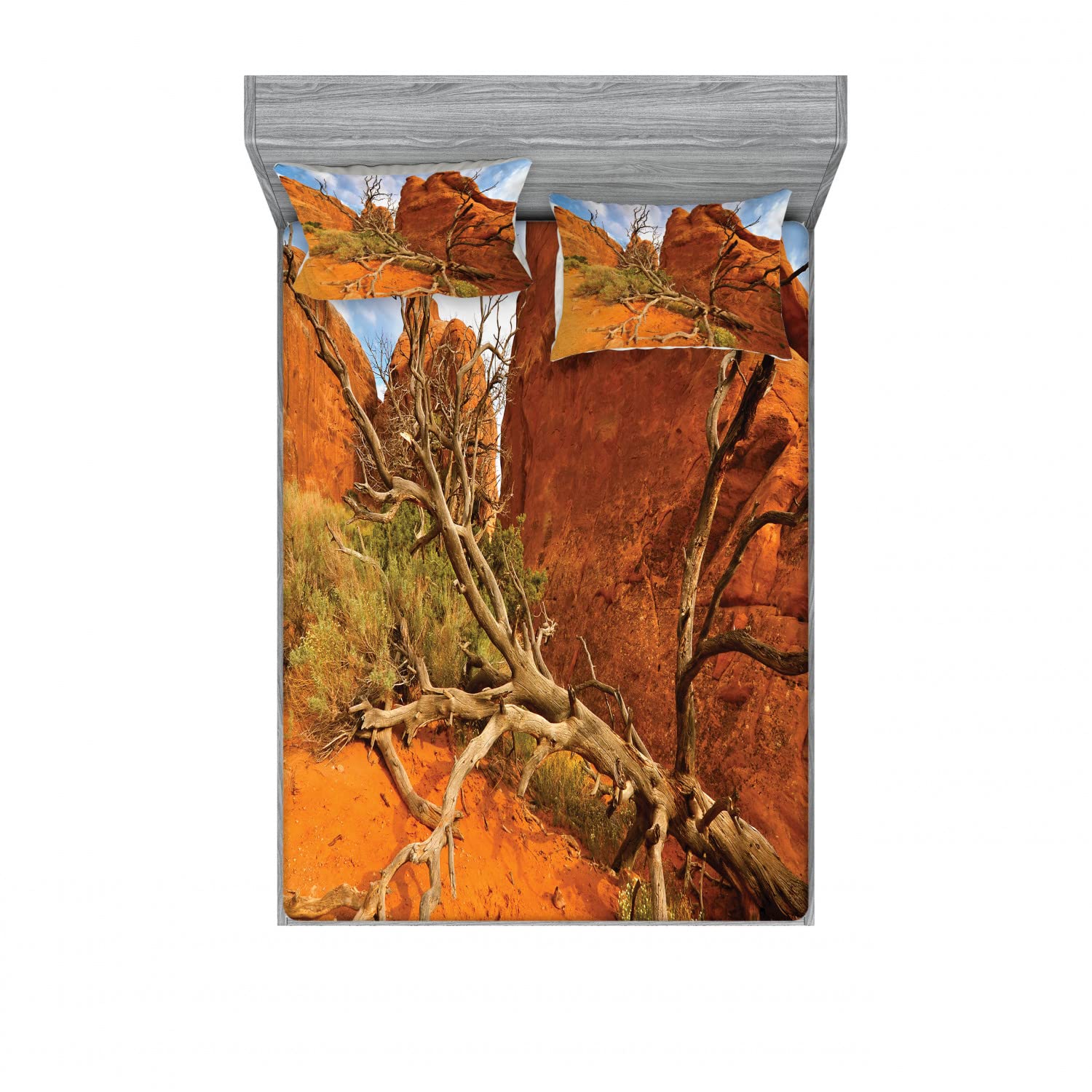 Ambesonne 2-Pack Queen Size Fitted Sheet & Pillow Sham Set - Grand Canyon Inspired Orange Blue Bedding Decor (4-Piece Set) | Perfect for Guest Rooms, Vacation Homes & Nature-Themed Bedrooms