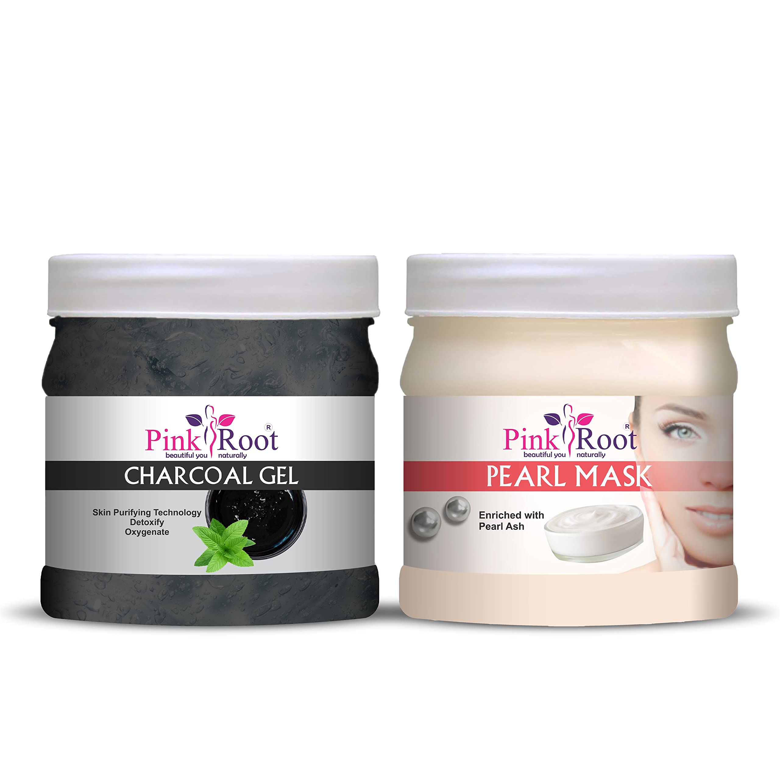 Pink Root Charcoal Gel 500g & Pearl Mask 500g Set - Deep Cleansing & Brightening Facial Treatment for Acne, Blackheads & Glowing Skin | Home Spa & Self-Care Routine
