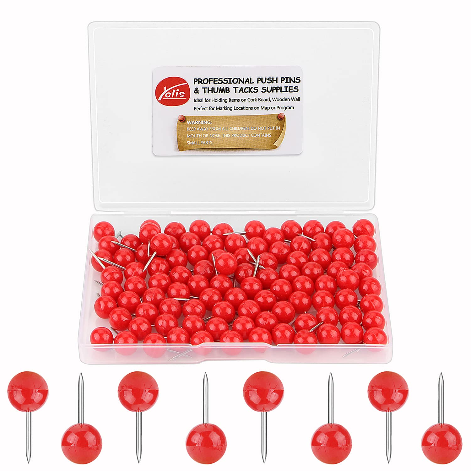 Yalis 1/3 Inch Red Push Pins - 100 Count Large Steel Point Map Tacks with Plastic Round Heads for Bulletin Boards, Maps & Office Organization
