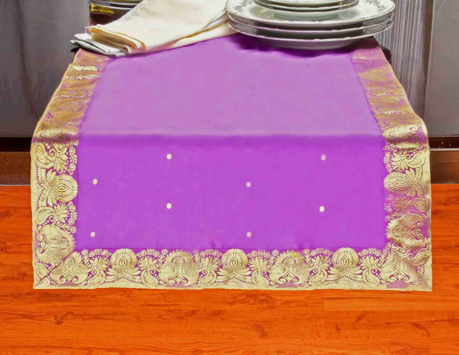 Handmade Lavender Silk Sari Table Runner with Golden Borders - 14x84 Inch Elegant Indian Design for Weddings, Parties & Home Decor | Perfect for Dining Table Centerpiece, Reception Decorations & Special Occasions