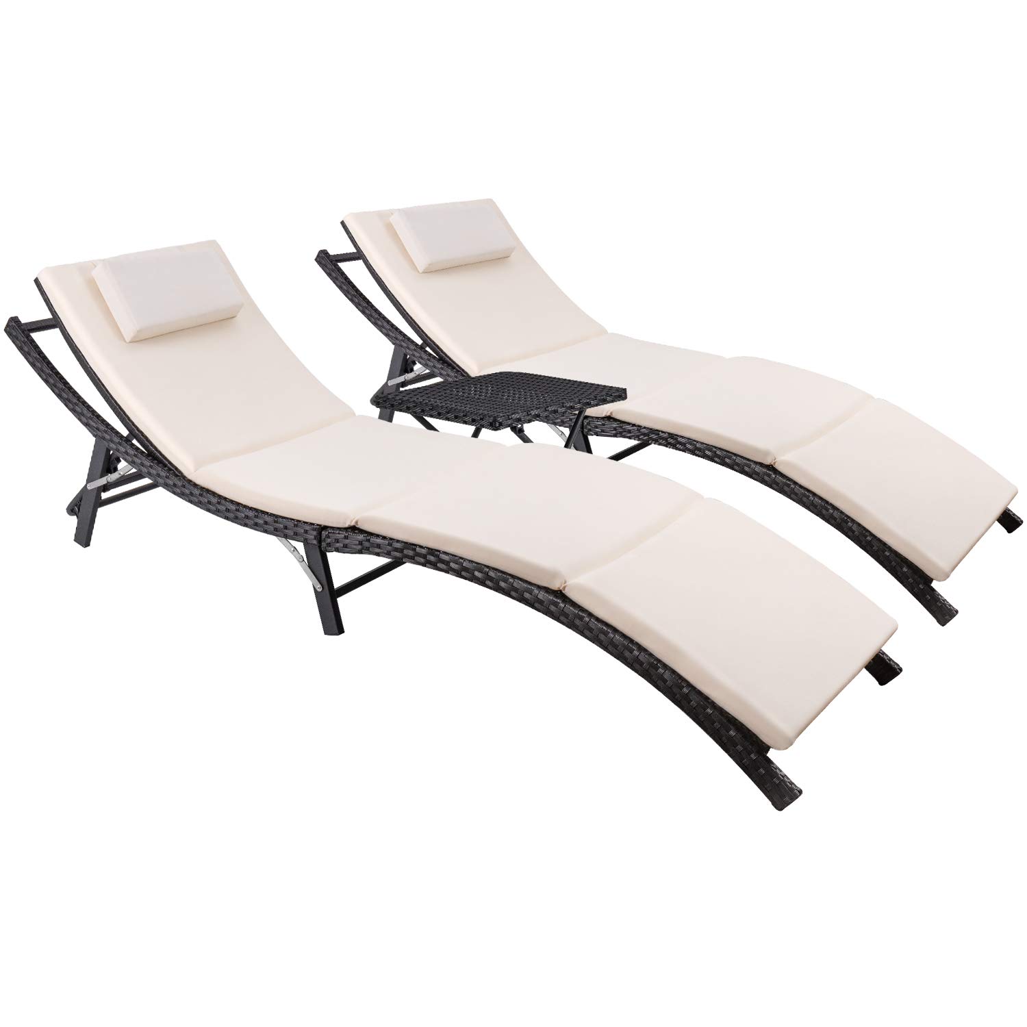 Devoko 3-Piece Outdoor Patio Chaise Lounge Set with Adjustable Back & Cushions - Rattan Folding Chaise Lounges with Side Table - Beige - Perfect for Poolside, Garden, and Backyard Relaxation