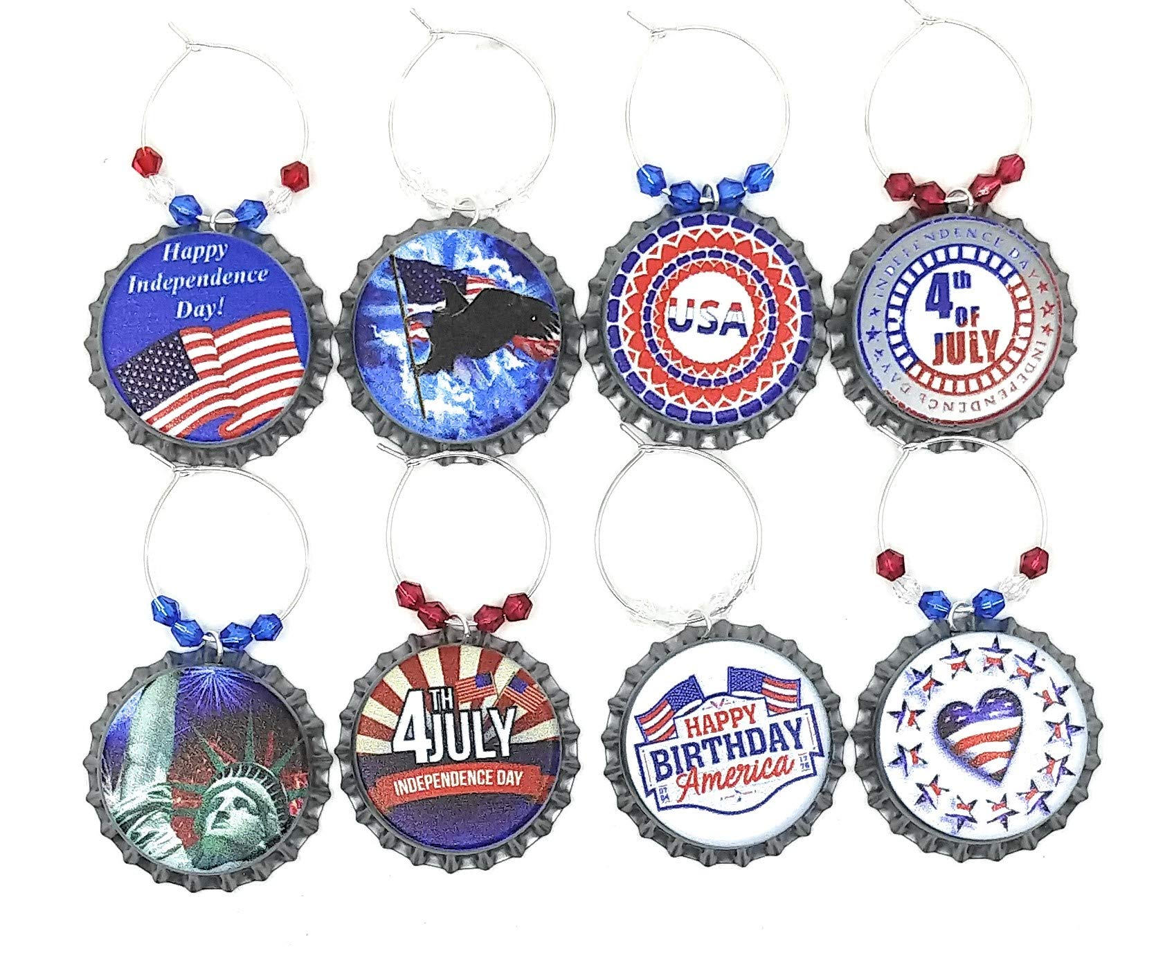 4th of July Wine Charms Set - Patriotic Independence Day Glass Markers & Bottle Cap Charms (8-Piece) - Perfect for Memorial Day BBQs, Summer Parties & Holiday Celebrations