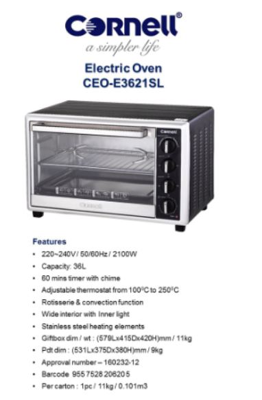 Cornell 36L Electric Convection Oven 2100W Countertop Toaster Oven with Rotisserie - Perfect for Baking, Roasting, Broiling & Reheating in Home Kitchen