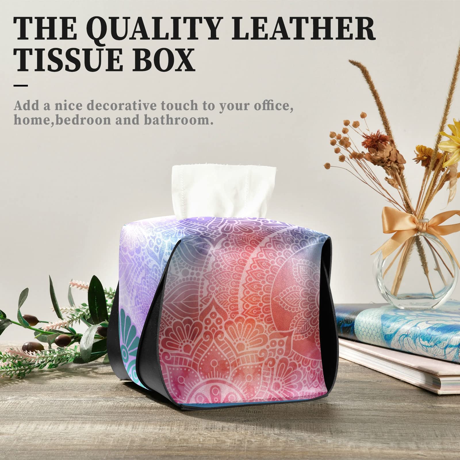 Ethnic Floral Leather Tissue Box Cover - Islamic, Arabic, Indian & Ottoman Style Square Design with Handle for Bathroom, Home, Office & Car (9.4x5.1x3.6 in) - Perfect for Nightstands, Vanity Countertops & Desk Decor