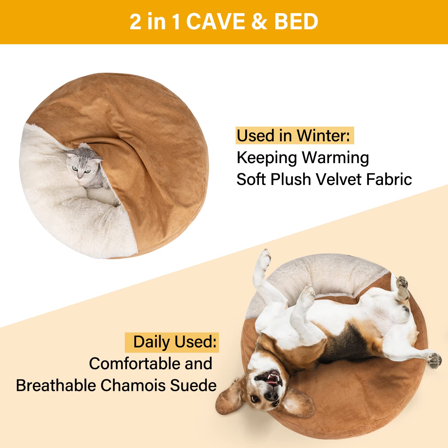 MICOOYO Small Dog Bed with Hooded Blanket - 24 Inch Round Donut Cuddler Pet Bed for Puppies & Cats, Washable & Comfortable (Khaki) - Perfect for Indoor Lounging, Crate Training & Cozy Napping