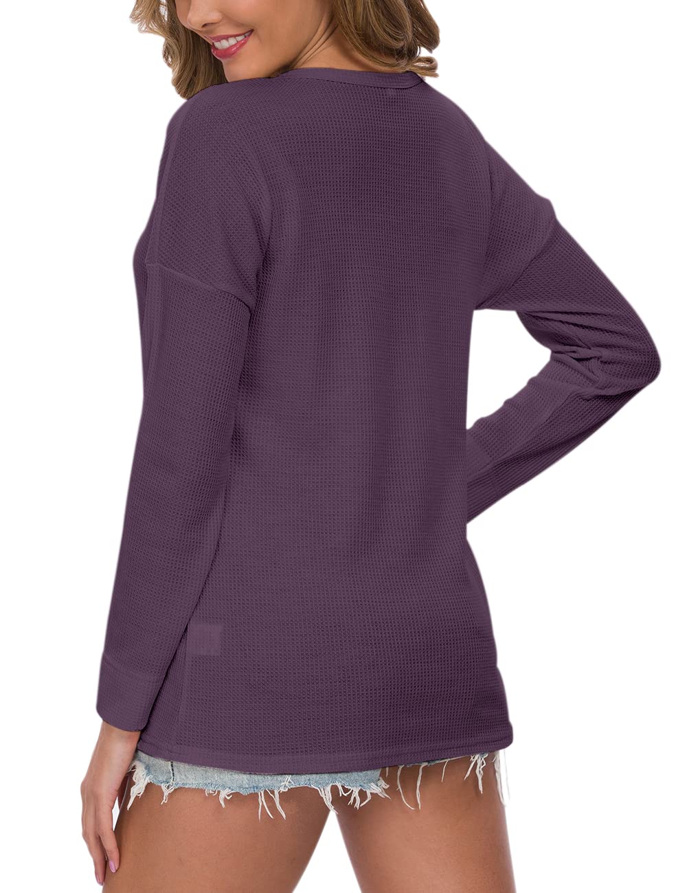 WNEEDU Women's Waffle Knit Tunic Top - Loose Fit Long Sleeve Button Up V-Neck Henley Shirt for Casual Wear, Office & Fall Outfits | Comfortable & Stylish Blouse for Everyday Fashion