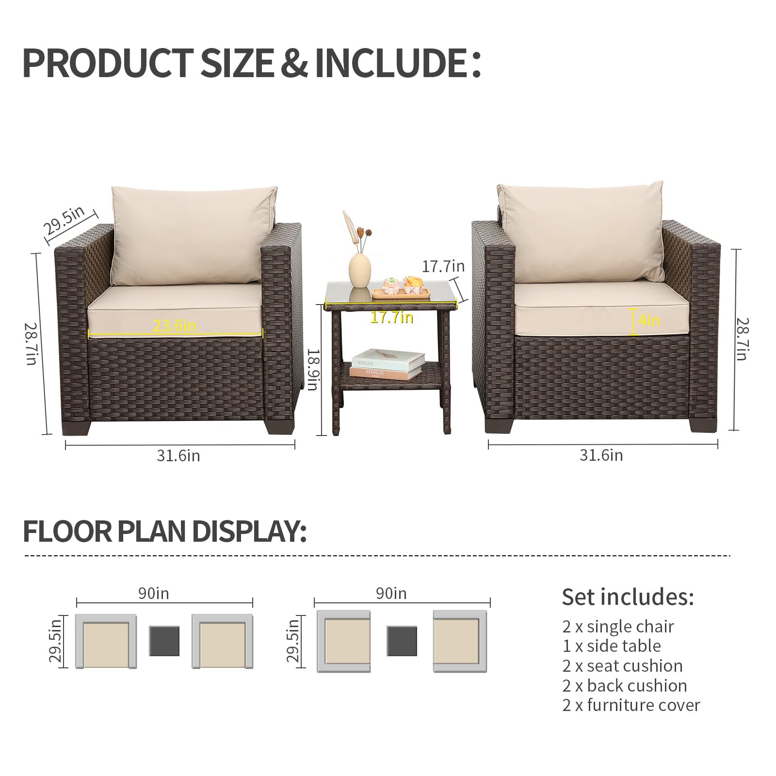 Rattan Outdoor Furniture Set - 3-Piece Patio Club Chair & Glass End Table with Anti-Slip Cushions & Waterproof Cover, Khaki - Perfect for Garden, Poolside, and Backyard Relaxation