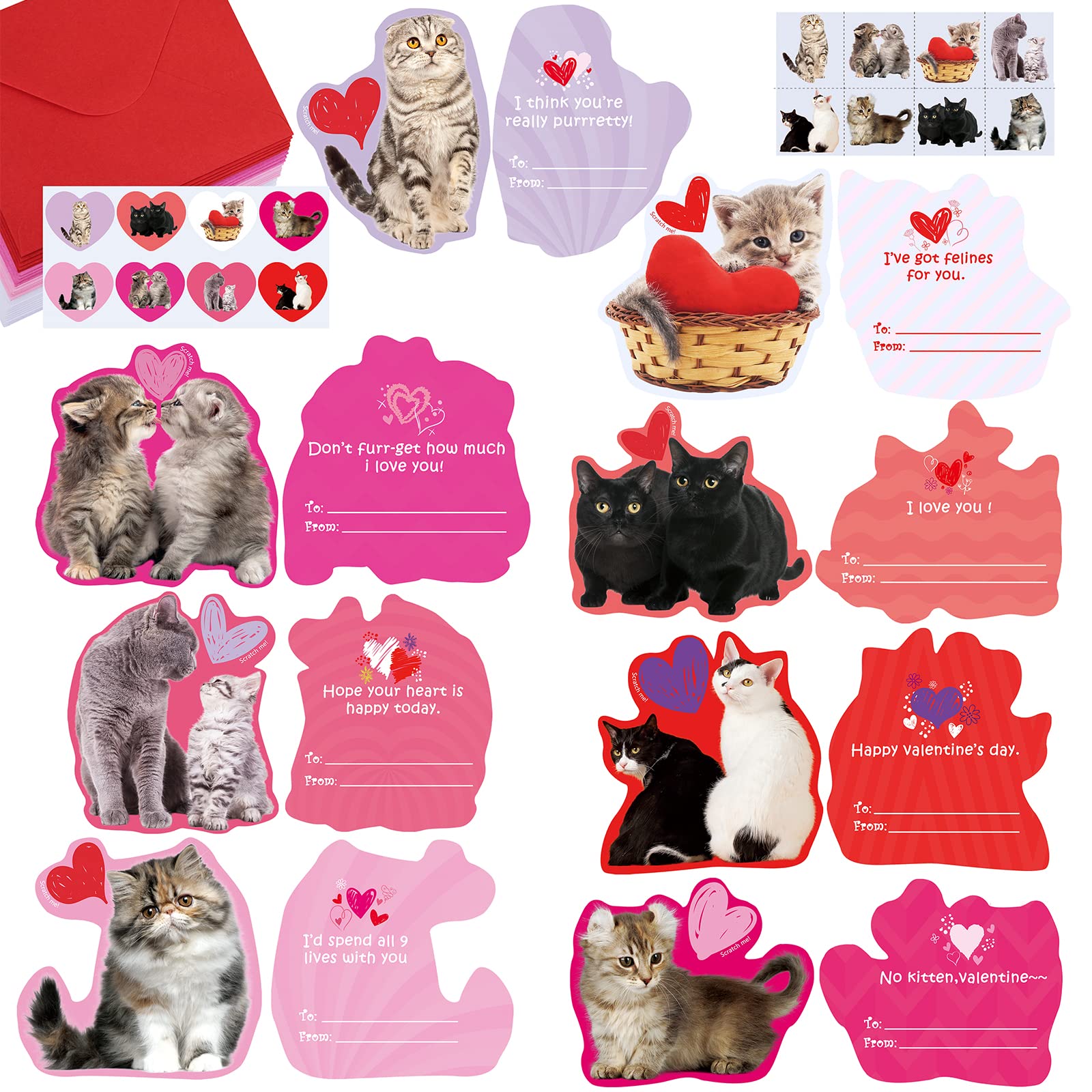48 Sets Valentine's Day Scratch & Sniff Strawberry Scented Greeting Cards with Envelopes - Cute Cat Kitten Pet Love Cards with Heart Stickers for Kids Classroom Exchange, Party Favors & School Gift Giving - Perfect for Valentine's Day Celebrations, Classroom Activities and Friendship Gifts
