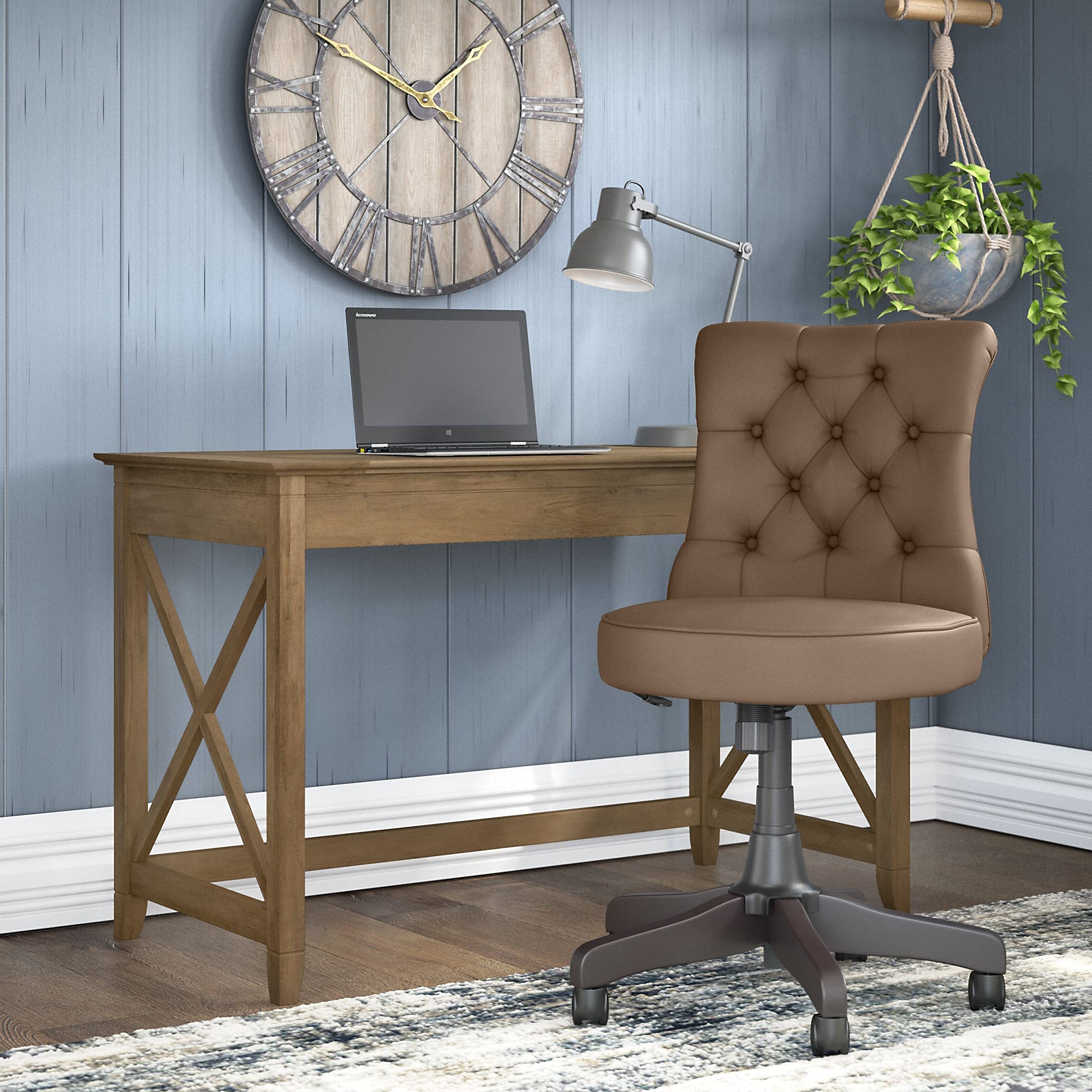 Bush Furniture Key West 48W Reclaimed Pine Writing Desk with Mid Back Tufted Office Chair - Perfect for Home Office, Study Room & Small Workspace
