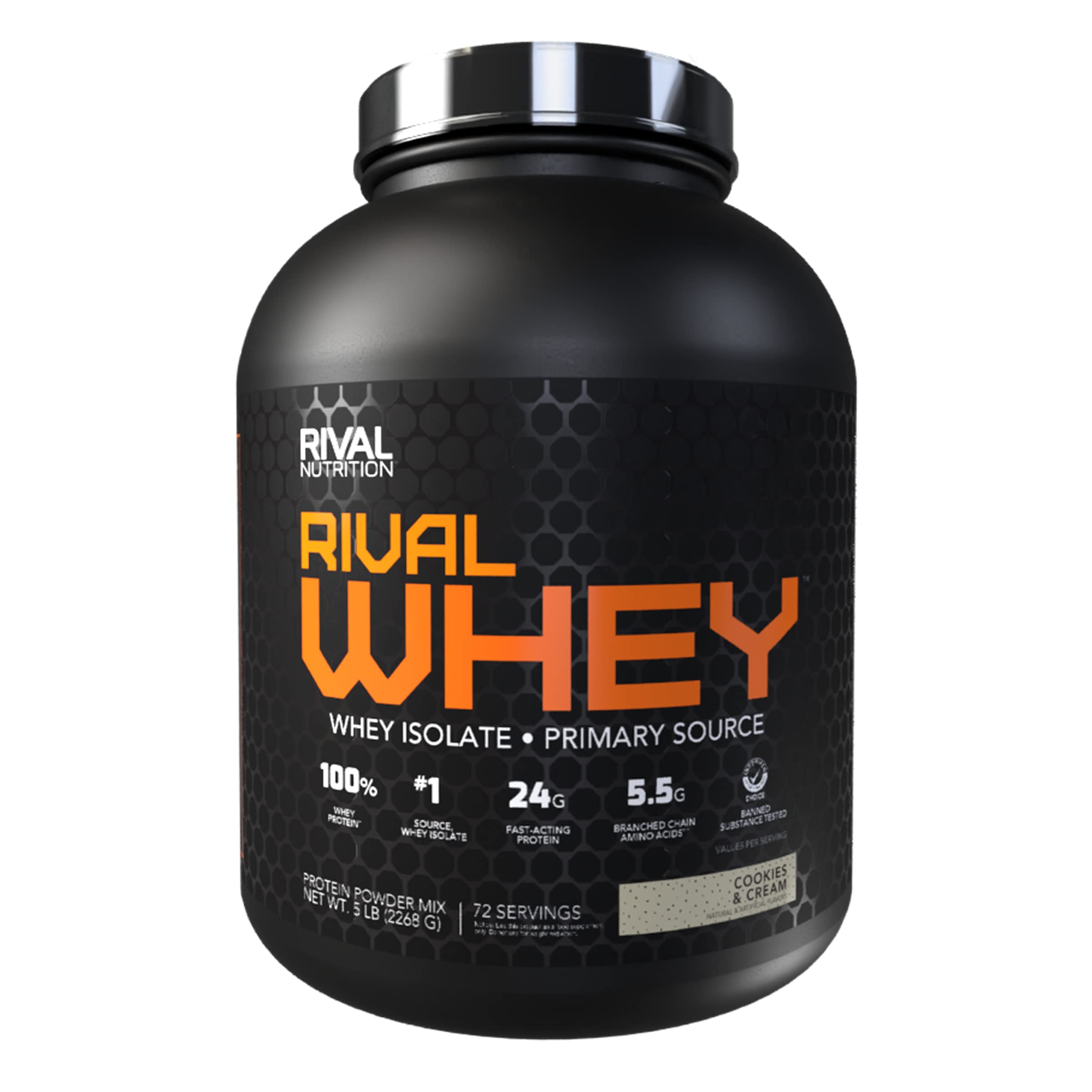 RIVAL NUTRITION Rival Whey Protein Powder - Cookies & Cream Flavor, 5lbs (2.27kg) for Muscle Recovery & Post-Workout Shakes | Gym, Fitness & Bodybuilding Supplement