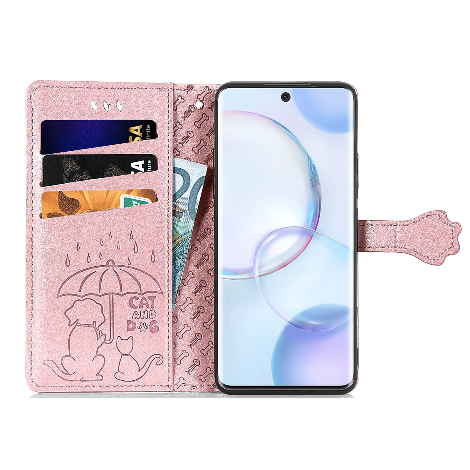 Cute Cartoon Cat & Dog Wallet Case for Huawei Honor 50/Nova 9 - PU Leather Flip Cover with ID Card Holder (Rose Gold) - Perfect for Daily Use, Travel & Shopping