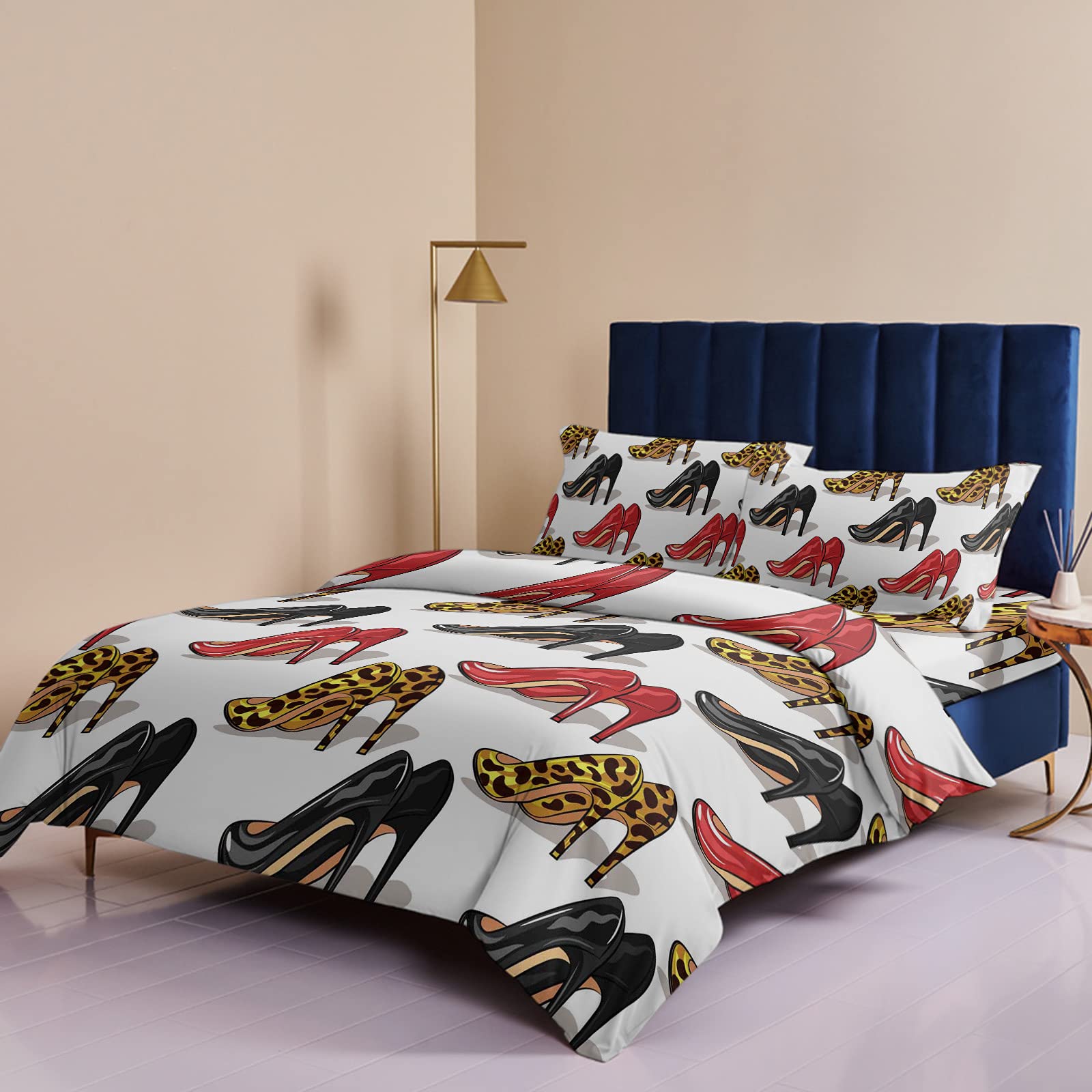 Z&L Home 4-Piece Soft Duvet Cover Set - Leopard & High Heels Print Bedding with Flat Sheet & Decorative Pillow Shams for Teen Girls, Boys, Men & Women - Red & Black Bedroom Decor - Perfect for Modern Bedrooms, Dorm Rooms & Guest Rooms