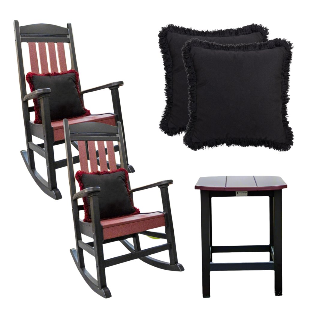 Fanback Porch Rocker Chairs & Oval Side Table Set with Fringe Pillows | Garnet & Black Collection | Outdoor Patio Furniture for Relaxing & Entertaining