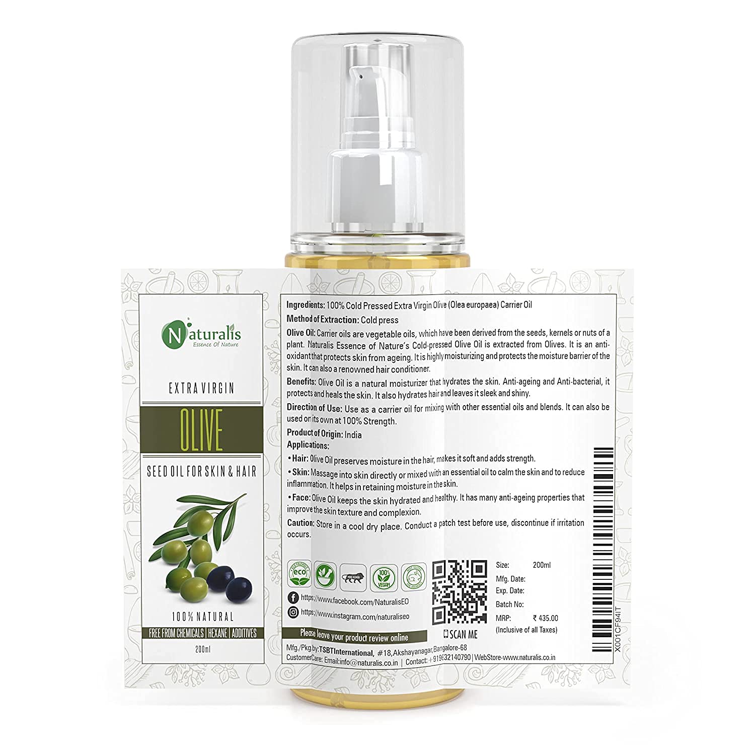 Naturalis Essence of Nature Cold Pressed Extra Virgin Olive Oil - 100% Pure Carrier Oil for Hair, Skin, Face & Massage - 200ml - Nourishing & Moisturizing for Dry Skin, Hair Care & Aromatherapy