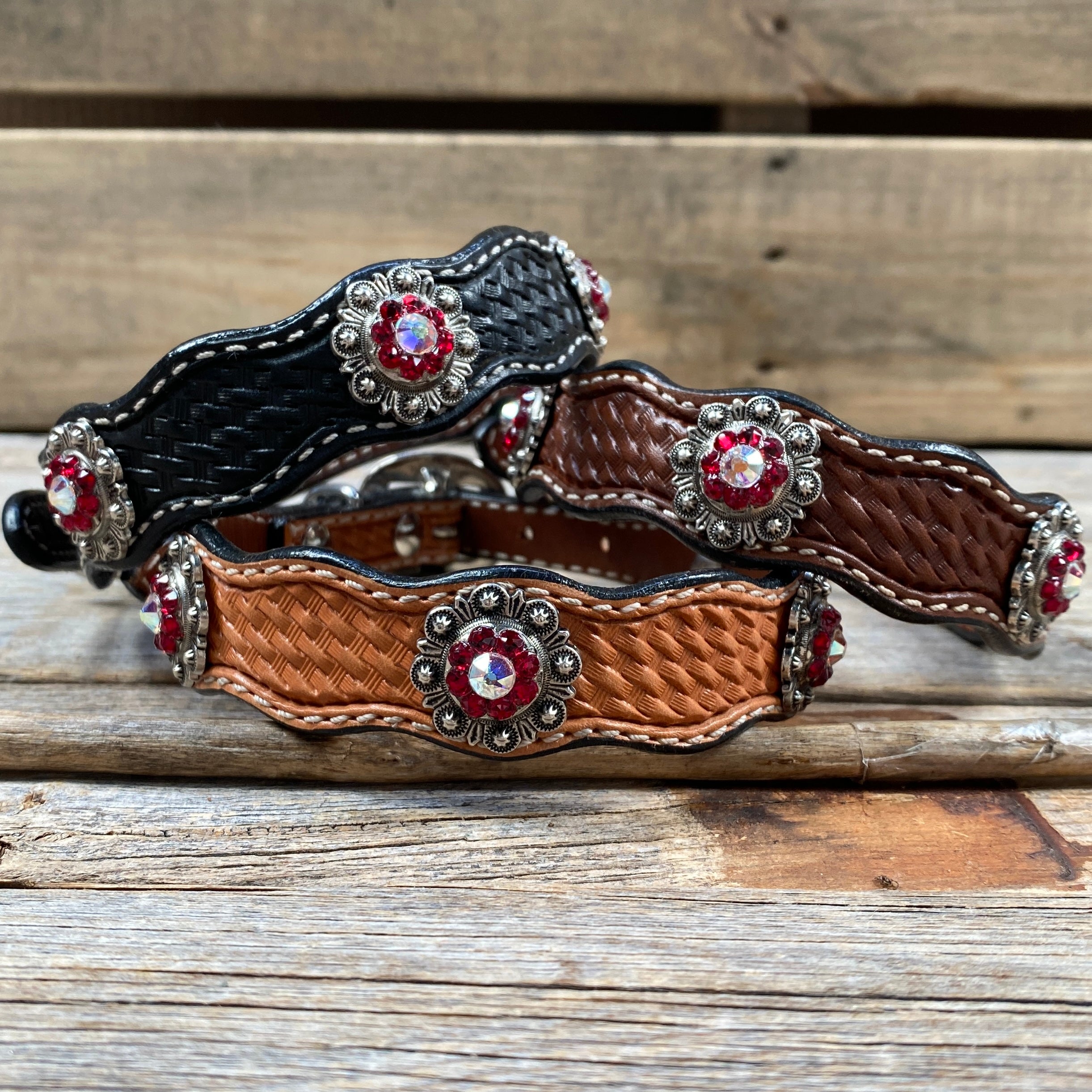 Vintage Leather Dog Collar with Antique Silver Ruby & AB Conchos - Adjustable 10-22 Inches for Small to Large Dogs - Durable & Stylish Pet Accessory for Walks, Training & Everyday Use - DC41