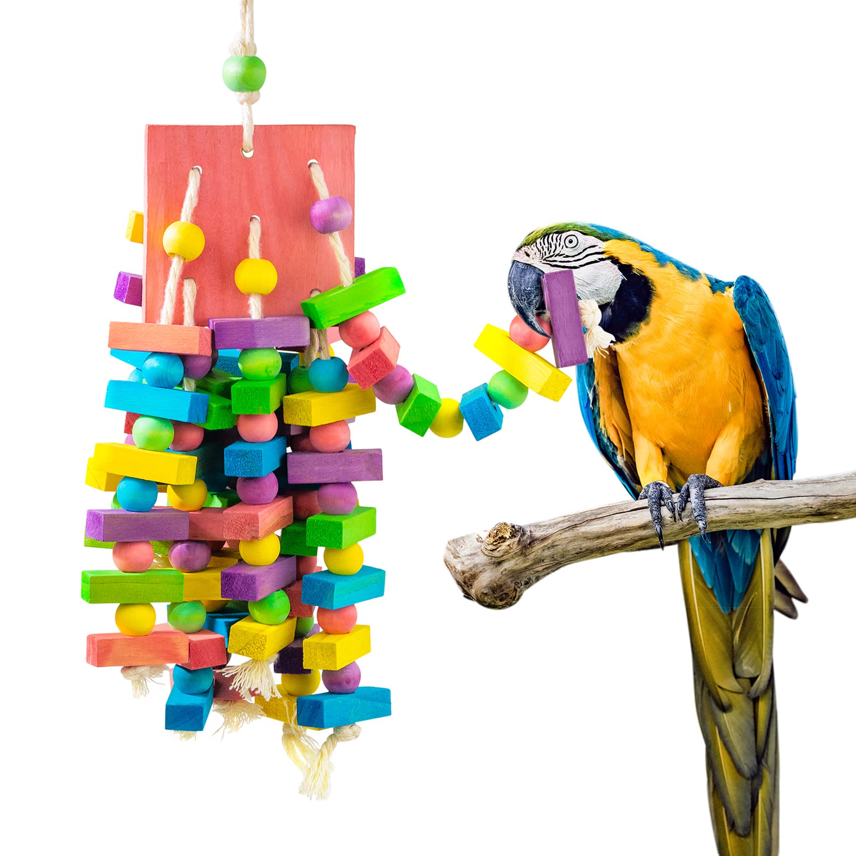 Colorful Wooden Chewing Toys for Large Parrots - Macaw, Cockatoo & African Grey Parrot Toys with Beads & Blocks | Durable Bird Entertainment for Playtime & Cage Enrichment