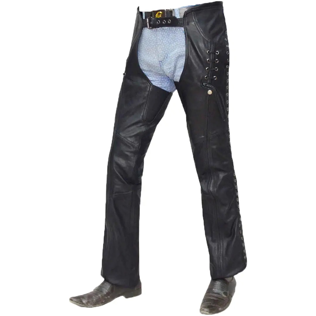 Unik International Women's Fashion Eyelet Lace-Up Chaps - Stylish Leather Leggings for Bikers, Motorcycle Riding & Edgy Outfits
