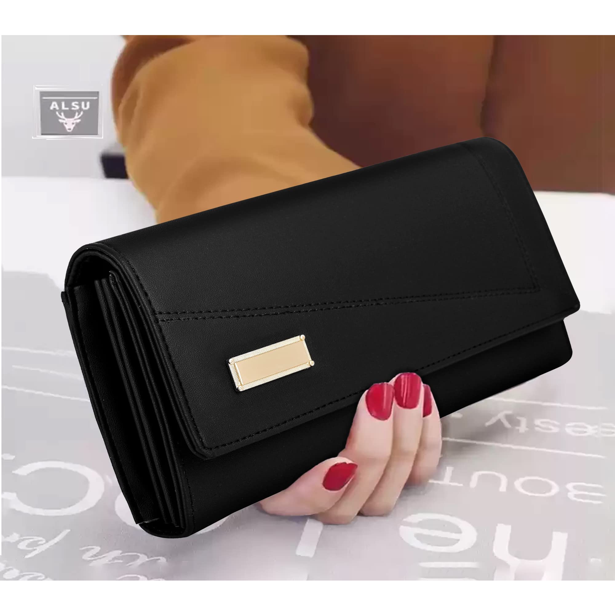ALSU Women's Black Leather Wallet & Hand Clutch Purse with 4 Card Slots - RFID Blocking, Slim Design for Everyday Use, Parties & Travel | Model ARF-003BK