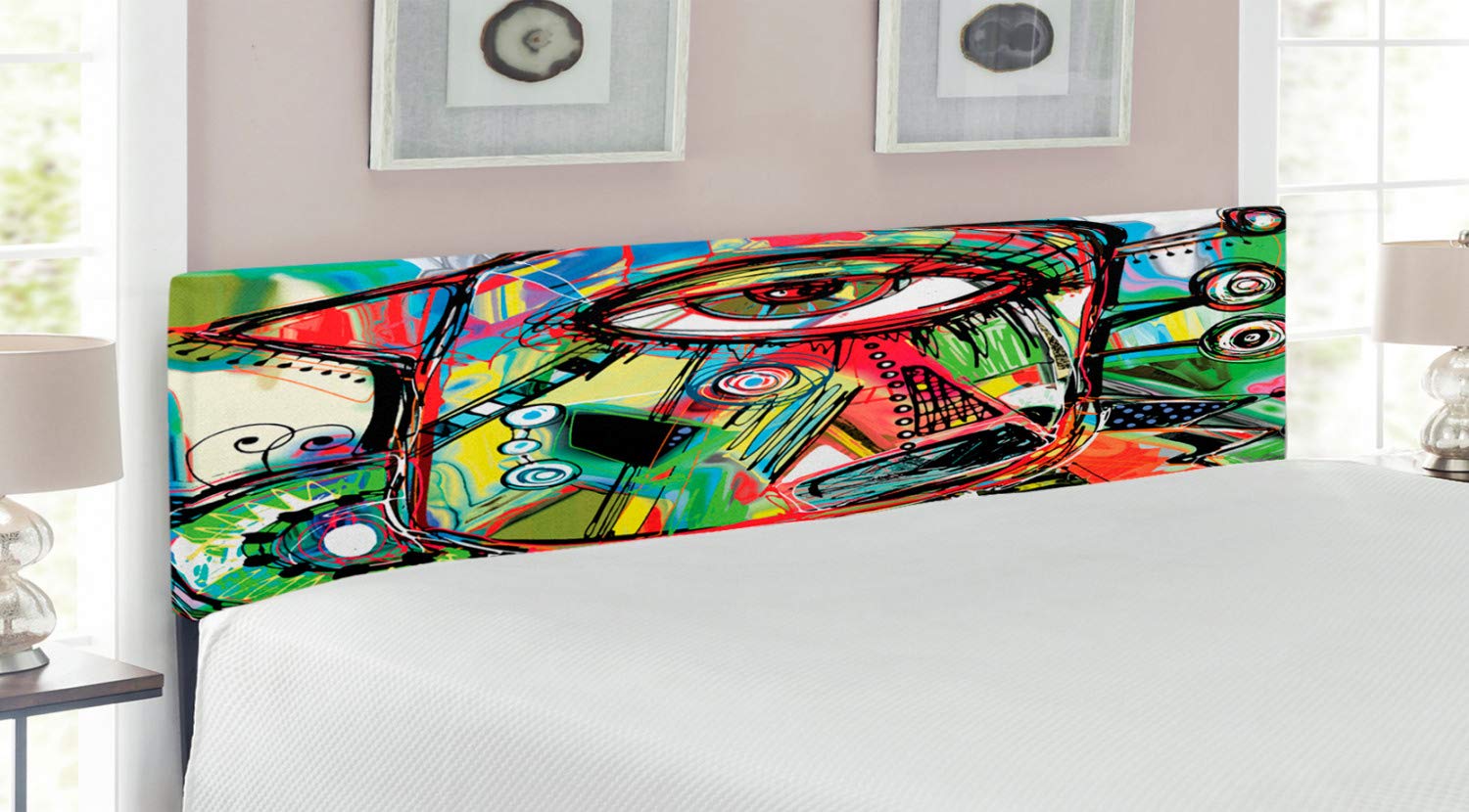 Ambesonne Abstract Upholstered King Size Headboard with Memory Foam - Doodle Bird Character Retro Illustration, Multicolor Decorative Metal Bed Headboard for Modern Bedroom Decor