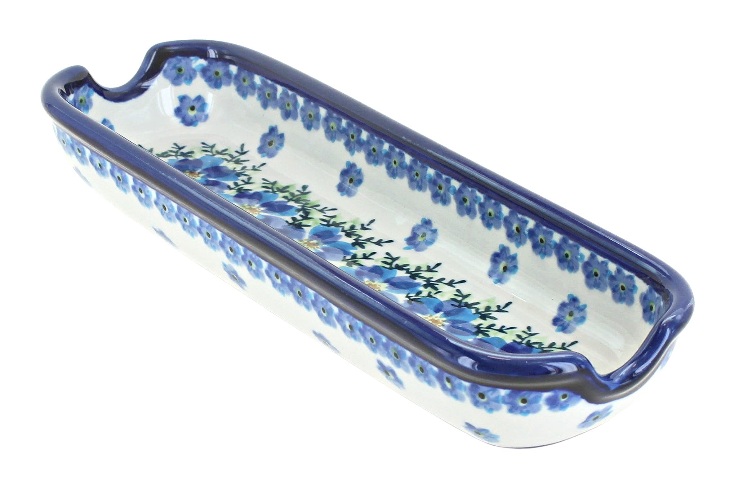 Handmade Blue Rose Polish Pottery Kalina Corn on the Cob Plate - Traditional Ceramic Dinnerware for Farmhouse Dining & Rustic Table Decor