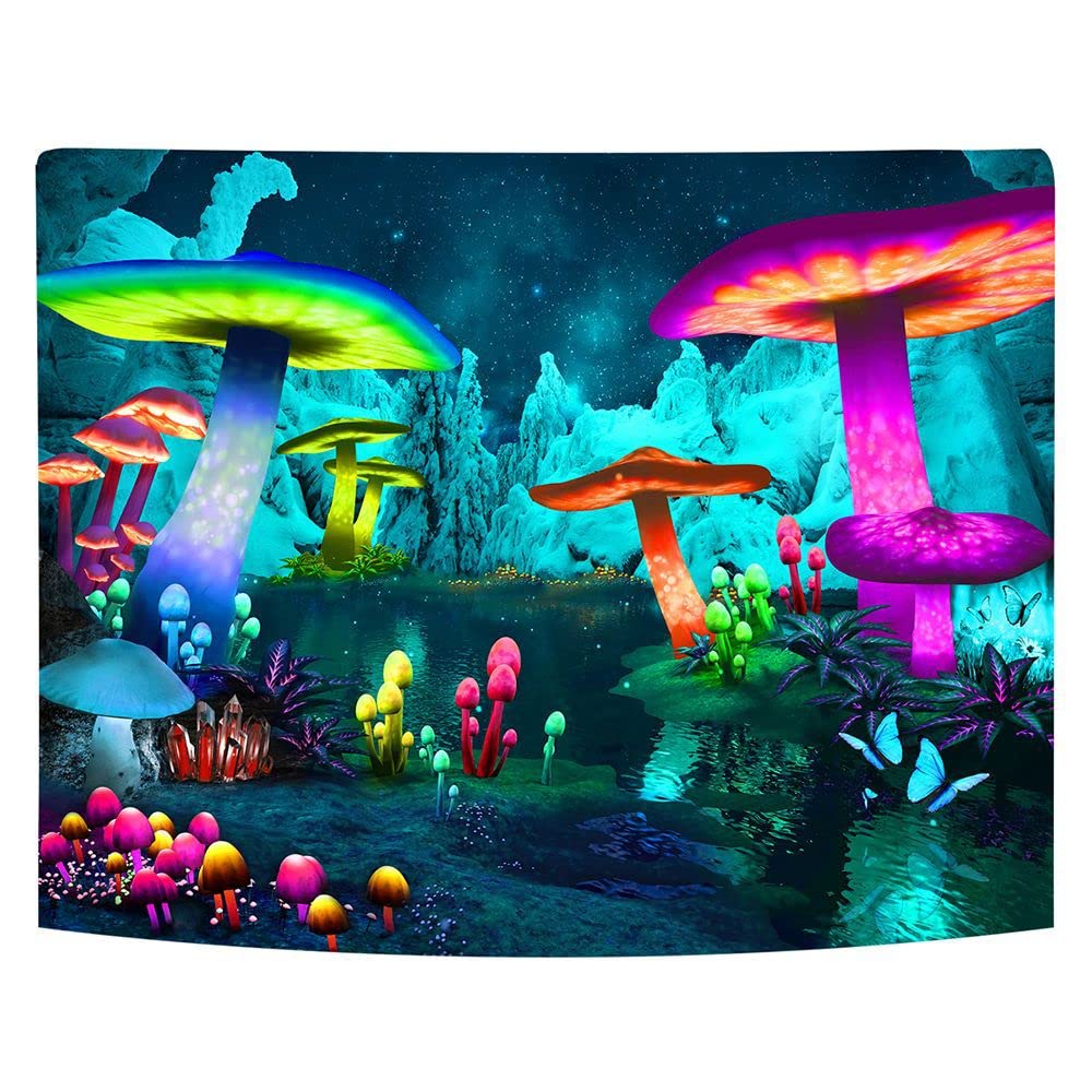 UV Reactive Astronaut & Mushroom Forest Planet Blacklight Tapestry - Trippy Glow in The Dark Wall Hanging for Bedroom Decor | Perfect for Psychedelic Room, Dorm, or Party Lighting